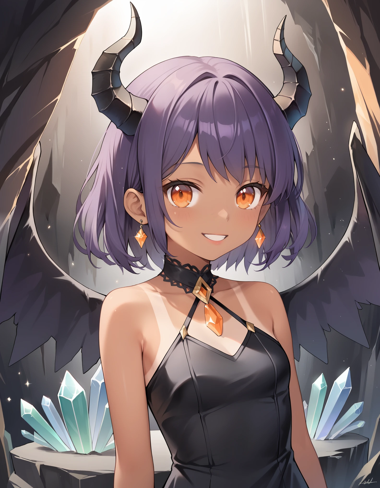 score_9, score_8_up, score_7_up, score_6_up, rating_safe, masterpiece, best quality, ultra detailed, anime style, 1girl, young, cute, (tanned skin), medium hair, purple hair, orange eyes, black horns, black wings, (large breasts:0.11), dress, cave, indoor, large cave, crystals, crystals on walls, warm colors, beautiful face, happy