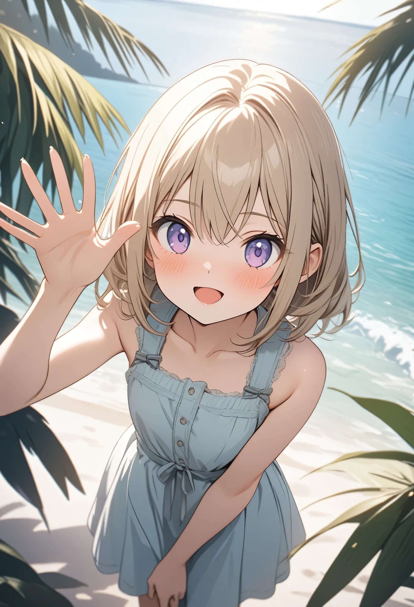 ((Masterpiece)), (Anime:1.3), ((best quality)), (super detail:1.2), (High Definition:1.3), (Professional Photography:1.2), (), (1girl), cute young girl, from above, BREAK, (Smug), open mouth, (Beautiful purple eyes:1.3), (dark skin), elf girl, (undress long cort), bikini top, flat chest, slim body, (loose blunt bangs), unruly hair, (medium hair), ((beautiful blond hair)), wear a long cardigan, shortpants, BREAK, ((best quality)), (waving pose), (on the tropical country), (sharp focus), (perfect light),