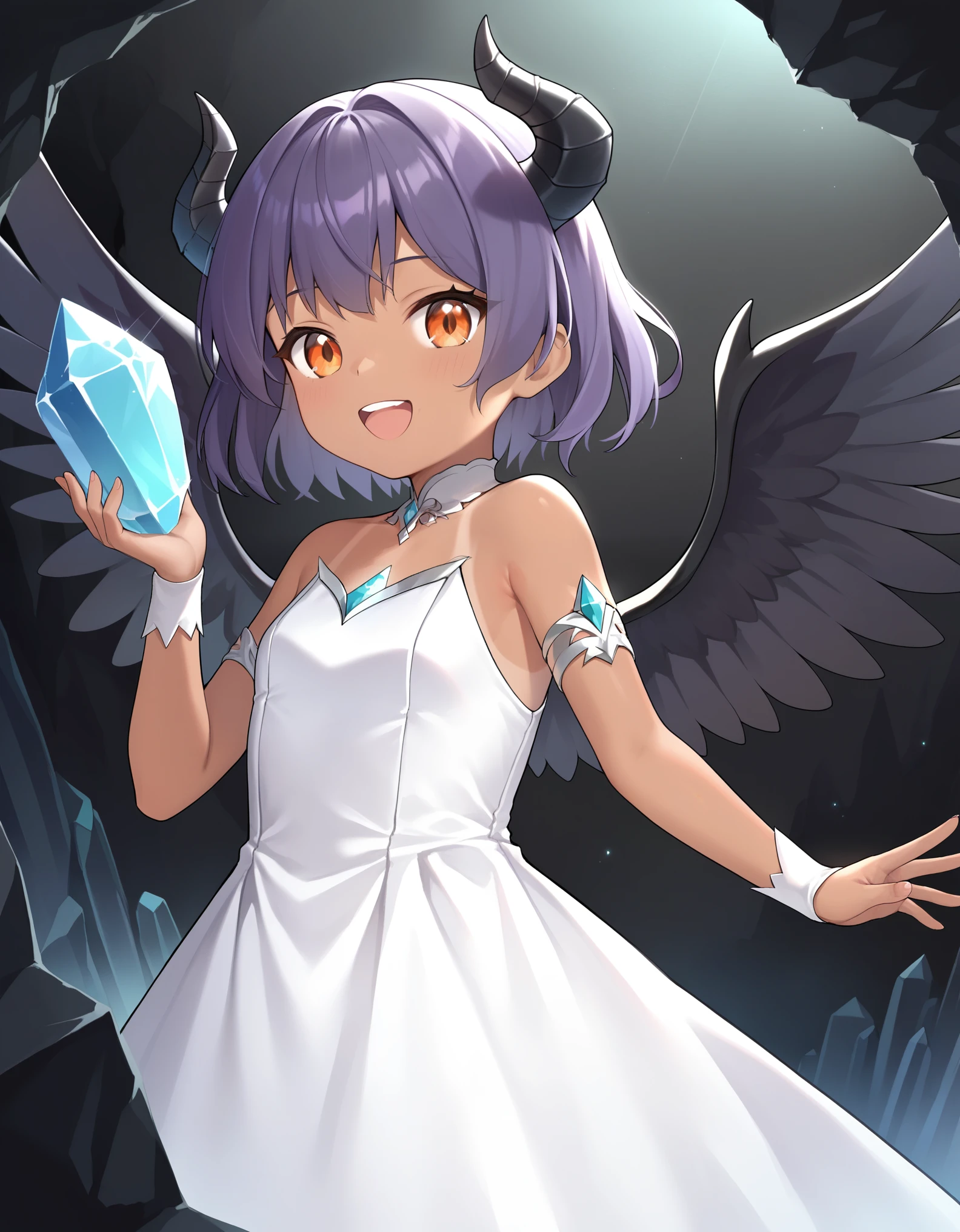 score_9, score_8_up, score_7_up, score_6_up, rating_safe, masterpiece, best quality, ultra detailed, anime style, 1girl, young, cute, (tanned skin), medium hair, purple hair, orange eyes, black horns, black wings, (large breasts:0.11), dress, cave, indoor, large cave, crystals, crystals on walls, warm colors, beautiful face, happy