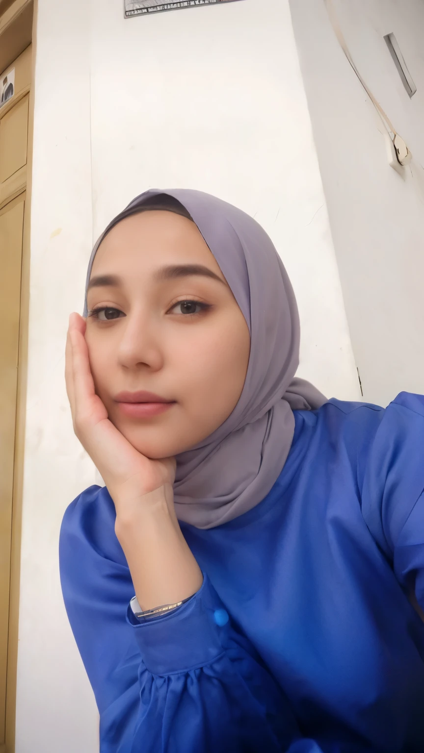 there is a woman wearing a blue shirt and a purple scarf, with kind face, close up potrait, with accurate face, potrait, protrait, with blue skin, faridah malik, old picture, hijab, face picture, inspired by Naza, 8k selfie photograph, selfie of a young woman, semi realism, with round face