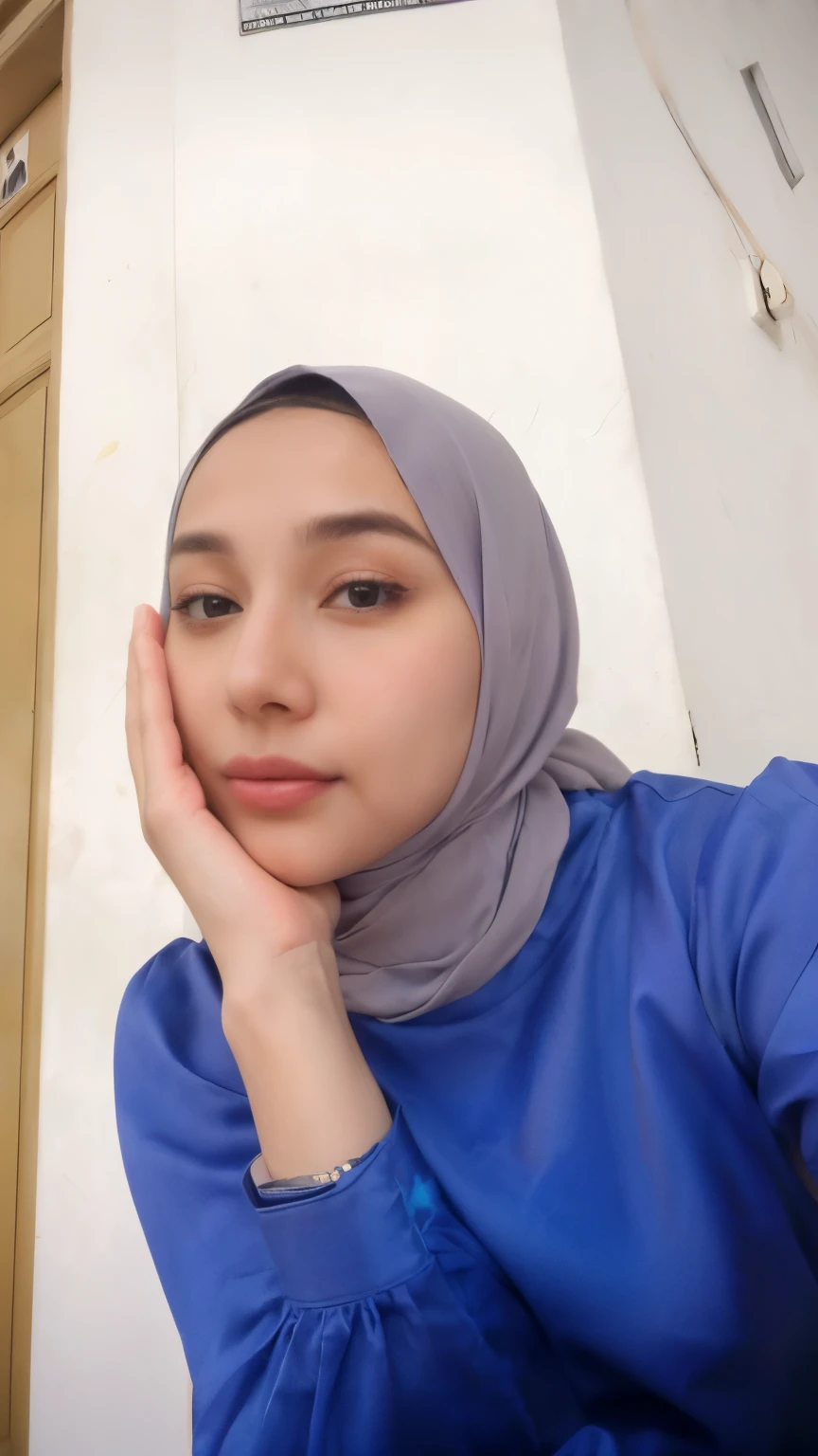 there is a woman wearing a blue shirt and a purple scarf, with kind face, close up potrait, with accurate face, potrait, protrait, with blue skin, faridah malik, old picture, hijab, face picture, inspired by Naza, 8k selfie photograph, selfie of a young woman, semi realism, with round face