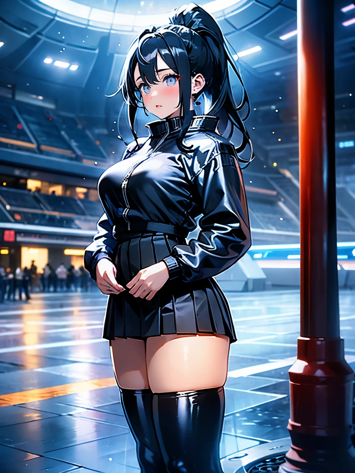 beautiful, alone, 1 chubby woman, long hair tied in a ponytail, black hair, blue highlights at the ends of her hair, silver eyes (detailed eyes), determined look, embarrassed expression, red lips (perfect lips), wide hips, thick leg, black leather qipao, pleated skirt, long fur jacket, futuristic, cyberpunk, cinematic angle, cinematic lighting, artwork, best quality, nsfw,