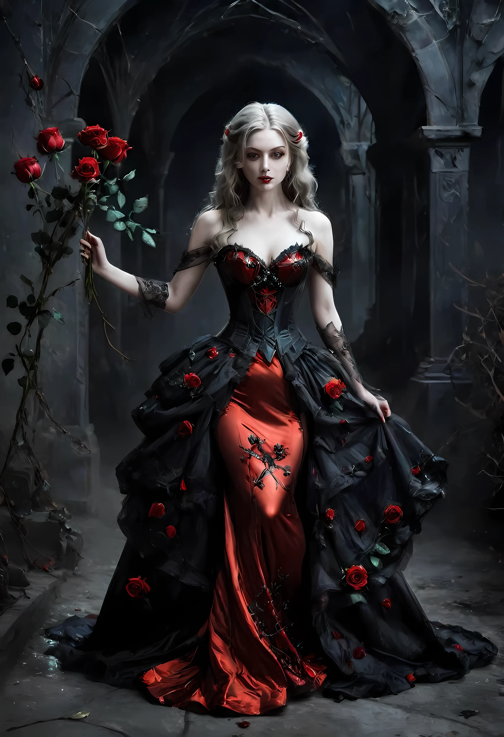 Dark fantasy art, fantasy art, goth art,  a picture of a female vampire, exquisite beauty, full body shot, dark glamour shot,  pale white skin, dark blond hair, long hair, wavy hair, (glowing grey: 1.3) eyes,  she  wears a (red: 1.3) red dress, ArmoredDress, the roses are imprinted on the dress (black: 1.4)  black roses betmd, high heells, dark castle porchm, dark, black and colorm, Dark Art Painting Style