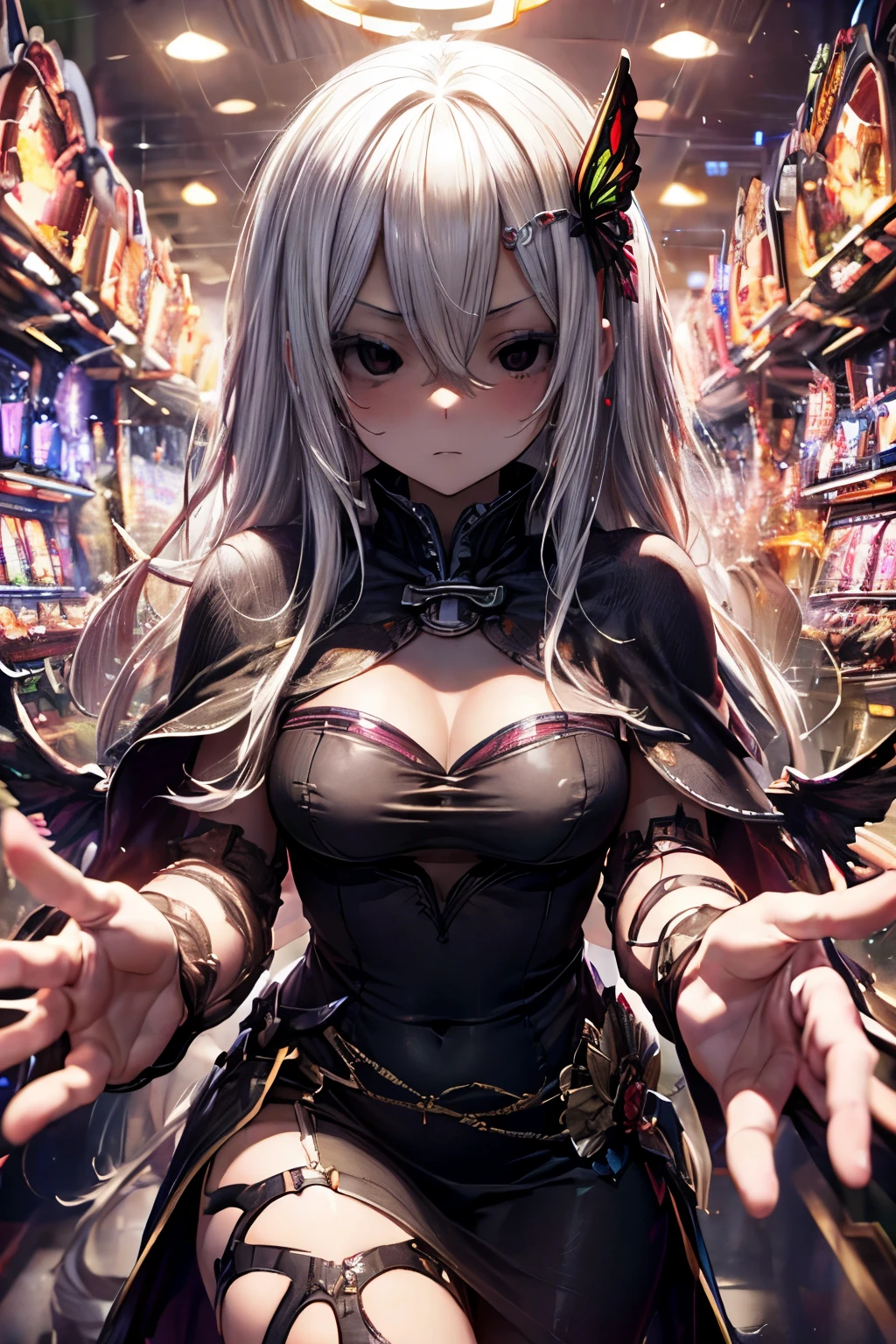 masterpiece, superfine illustration, best quality, 1girl, (1 naked boy:1.3), (pov), echidna, colored eyelashes, white hair, hair between eyes, long hair, straight hair, (black eyes:1.5), black capelet, black dress, butterfly hair ornament, capelet, dress, hair ornament, (good at tickling), claw pose, (hair over eyes:1.3), (wings), (angelic halo), cruel, serious, expressionless, emotionless, (very tired), dynamic style, inside of a Japanese pachinko palace