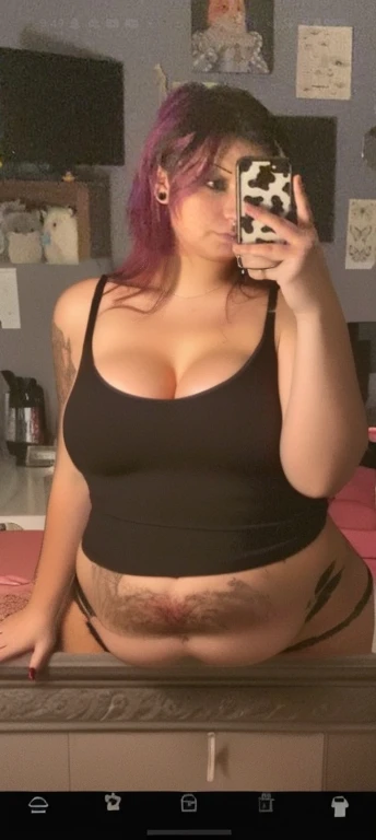 arafed woman taking a selfie in a mirror with a cell phone, wearing a low cut tanktop, she has a jiggly fat round belly, she is wearing a black tank top, wearing a cropped black tank top, wearing a black cropped tank top, fit pic, half body cropping, 2 , wearing a sexy cropped top, Big tits, huge , no clothes, sexy, cute, no clothes, thick, bbw, chubby stomach, thick nipples, nipple piercings, large areola, hard nipples, piercing through shirt, busty, major cleavage, naked, ripping through top, spilling over sides, bra too tight, extra wide hips, fat bbw, showing off huge belly, fat stomach, fat bbw, big tummy, bare stomach, uncovered stomach, play with stomach, belly muffin top, belly hanging out of clothes, belly out, muffin top spilling over, no clothes, naked, belly uncovered