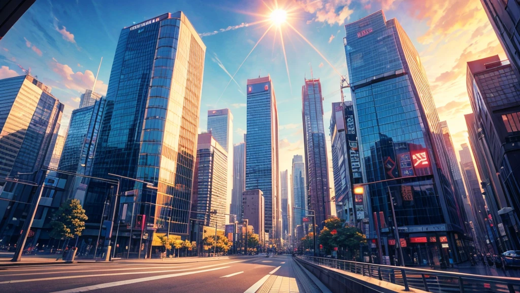 (masterpiece), best quality, ultra detailed, anime background, morning, sun, tokyo city, street