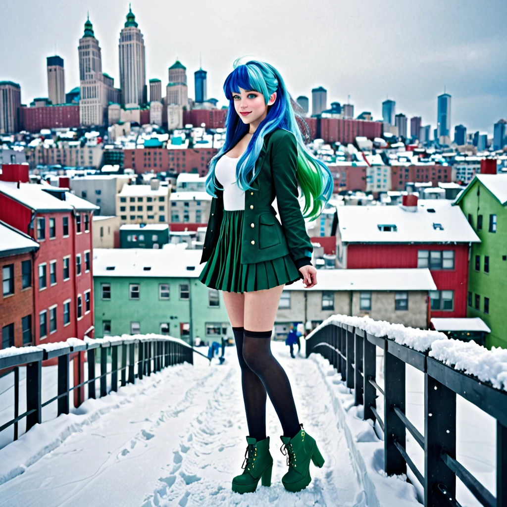 best quality,ultra high res,1girl,solo,full body,snow,city,, blue hair,green eyes,jk,Ariel