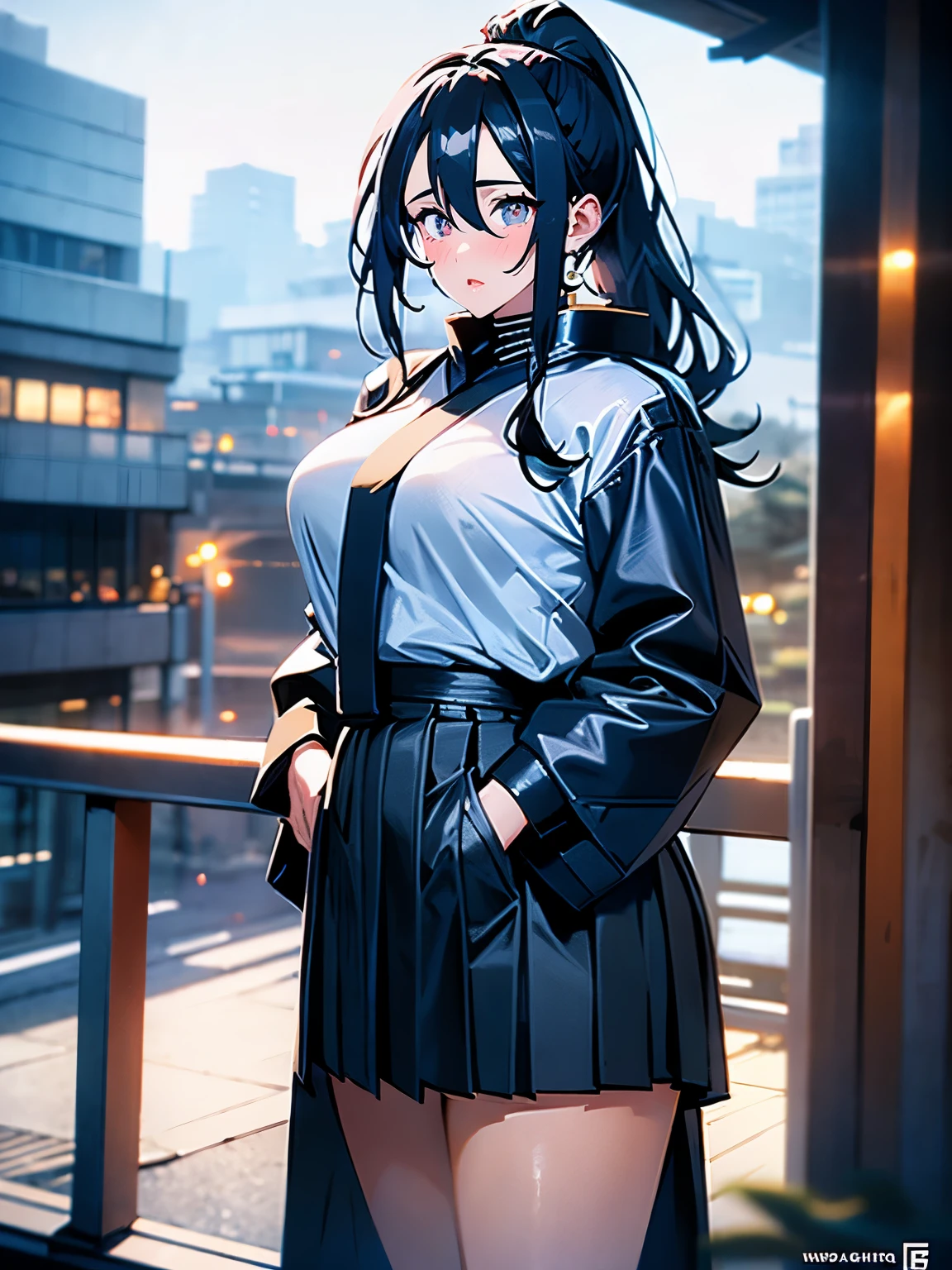 beautiful, alone, 1 chubby woman, long hair tied in a ponytail, black hair, blue highlights at the ends of her hair, silver eyes (detailed eyes), determined look, embarrassed expression, red lips (perfect lips), wide hips, thick leg, black leather kimono, pleated skirt, long fur jacket, futuristic, cyberpunk, cinematic angle, cinematic lighting, artwork, best quality, nsfw,