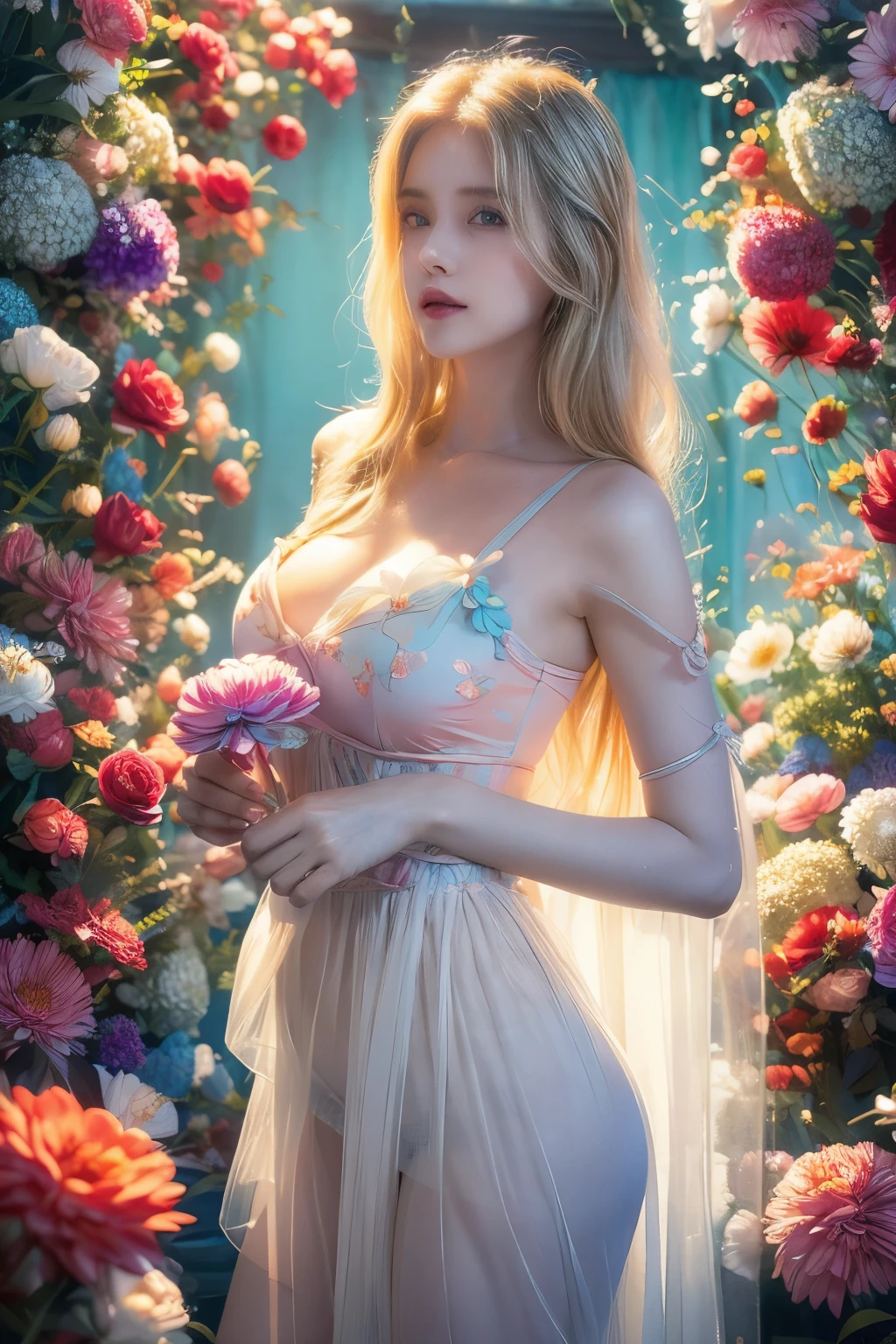 misfiiire,blonde,(Fashion magazine blockbuster:1.2),(attractive woman:1.3),(beautiful and delicate eyes:1.2),(Fashion clothing design:1.2),(Tulle texture:1.1),turquoise flowers,surrounded by flowers,Crystal clear dew,Fresh and elegant,(flowers blooming wildly:1.2),delicate buds,turquoise atmosphere,(masterpiece:1,2),best quality,masterpiece,high resolution,The original,Very detailed wallpaper,perfect lighting,(Extremely detailed CG:1.2)flowers,turquoise flowers,full_Body, huge_Chest, whole Body