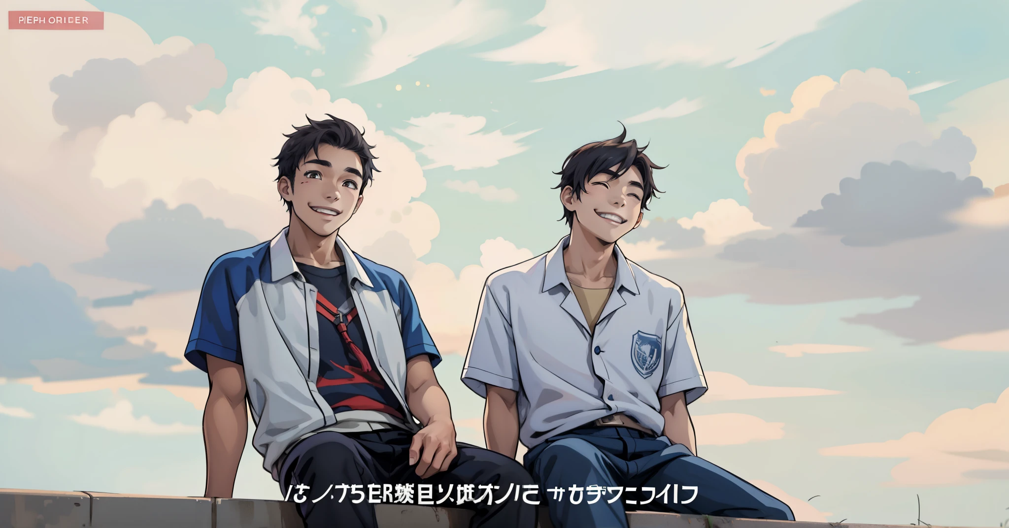 (estilo anime 2d plano) There are two 16 year old friends smiling