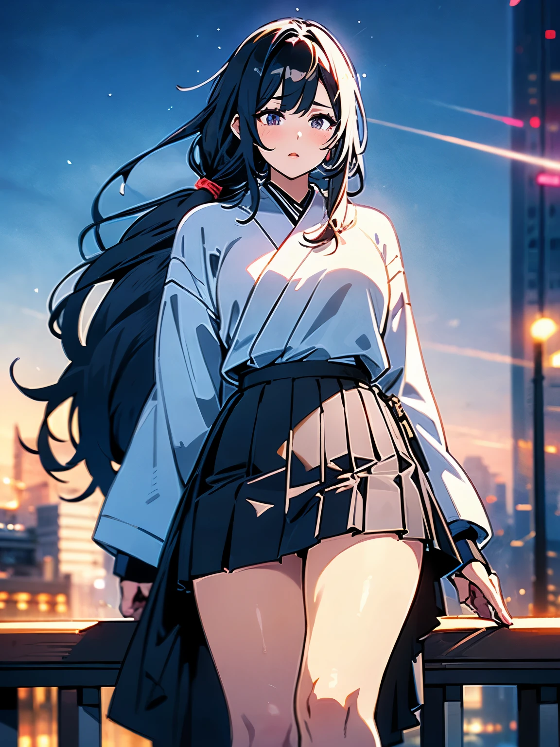 beautiful, alone, 1 chubby woman, long hair tied in a ponytail, black hair, blue highlights at the ends of her hair, silver eyes (detailed eyes), determined look, embarrassed expression, red lips (perfect lips), wide hips, thick leg, black leather kimono, pleated skirt, long fur jacket, futuristic, cyberpunk, cinematic angle, cinematic lighting, artwork, best quality, nsfw,