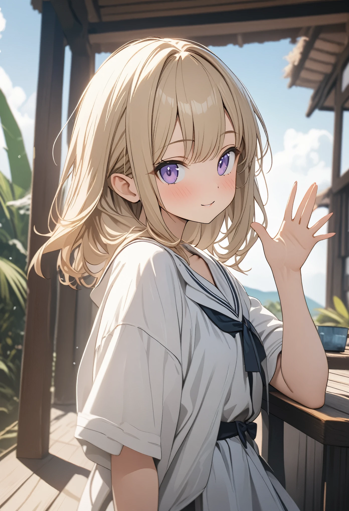 Anime girl with blonde hair and blue eyes standing on a deck - SeaArt AI