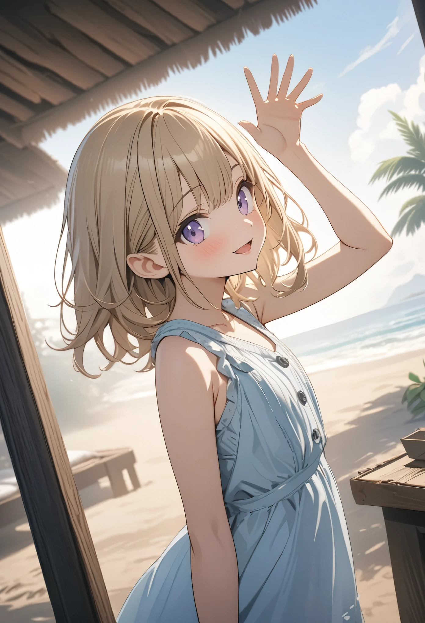 ((Masterpiece)), (Anime:1.3), ((best quality)), (super detail:1.2), (High Definition:1.3), (Professional Photography:1.2), (), (1girl), cute young girl, from side, BREAK, (Smug), open mouth, (Beautiful purple eyes:1.3), (Glossy skin), ((elf girl)), (undress skirt), bikini top, (small chest), slim body, (loose blunt bangs), unruly hair, (medium hair), ((beautiful blond hair)), wear a long cardigan, shortpants, BREAK, ((best quality)), (waving pose), (on the tropical country), (sharp focus), (perfect light),