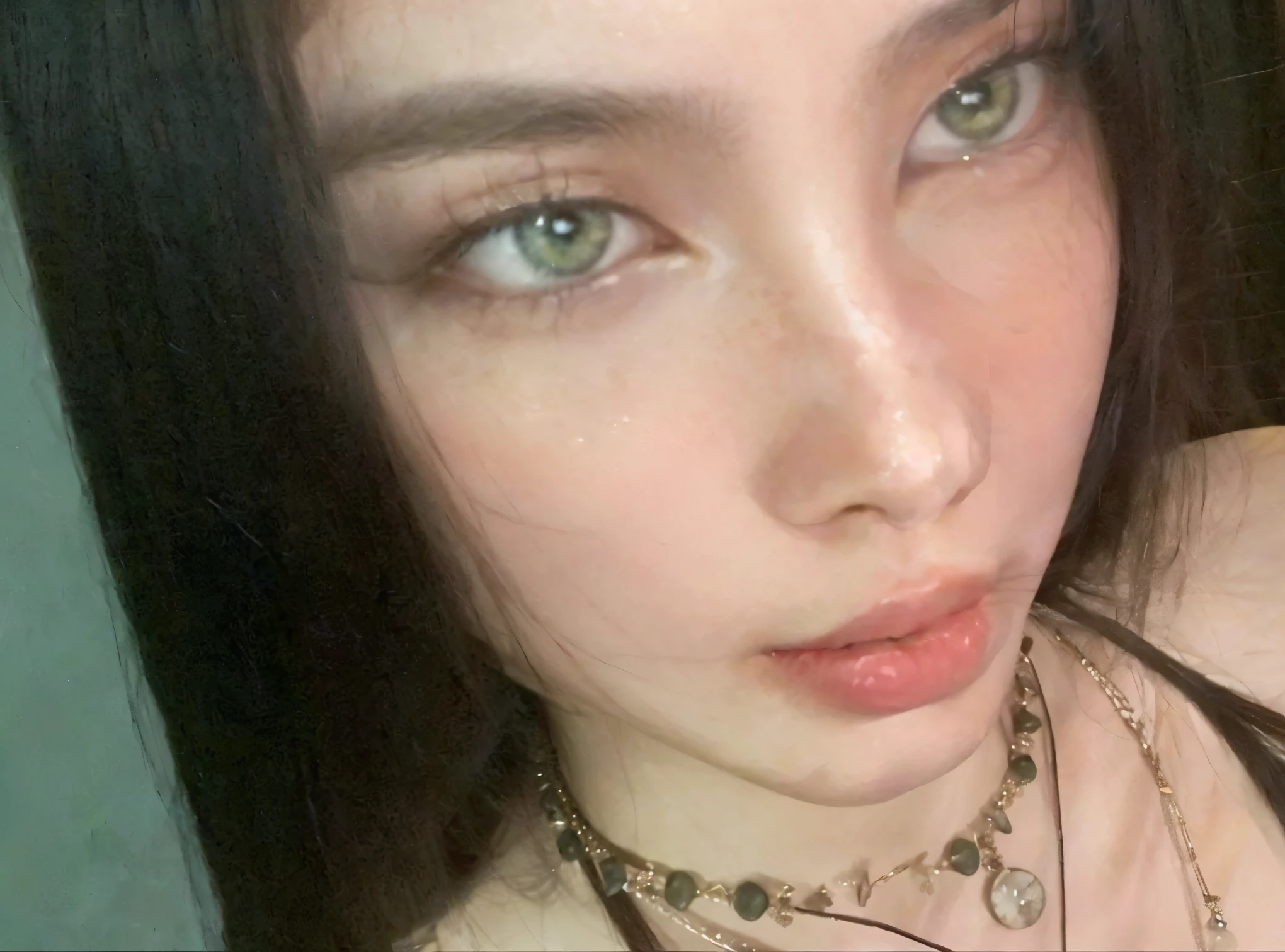 there is a woman with a necklace and a necklace around her neck, hint of sardas, small sardas, white sardas, with sardas, cute sardas, sardento pale skin, very light sardas, sardas, slight sardas, sardento face, pale and glowing skin, very pale white skin, sardento, sparse sardas, very pale white skin jennie kim green eyes 