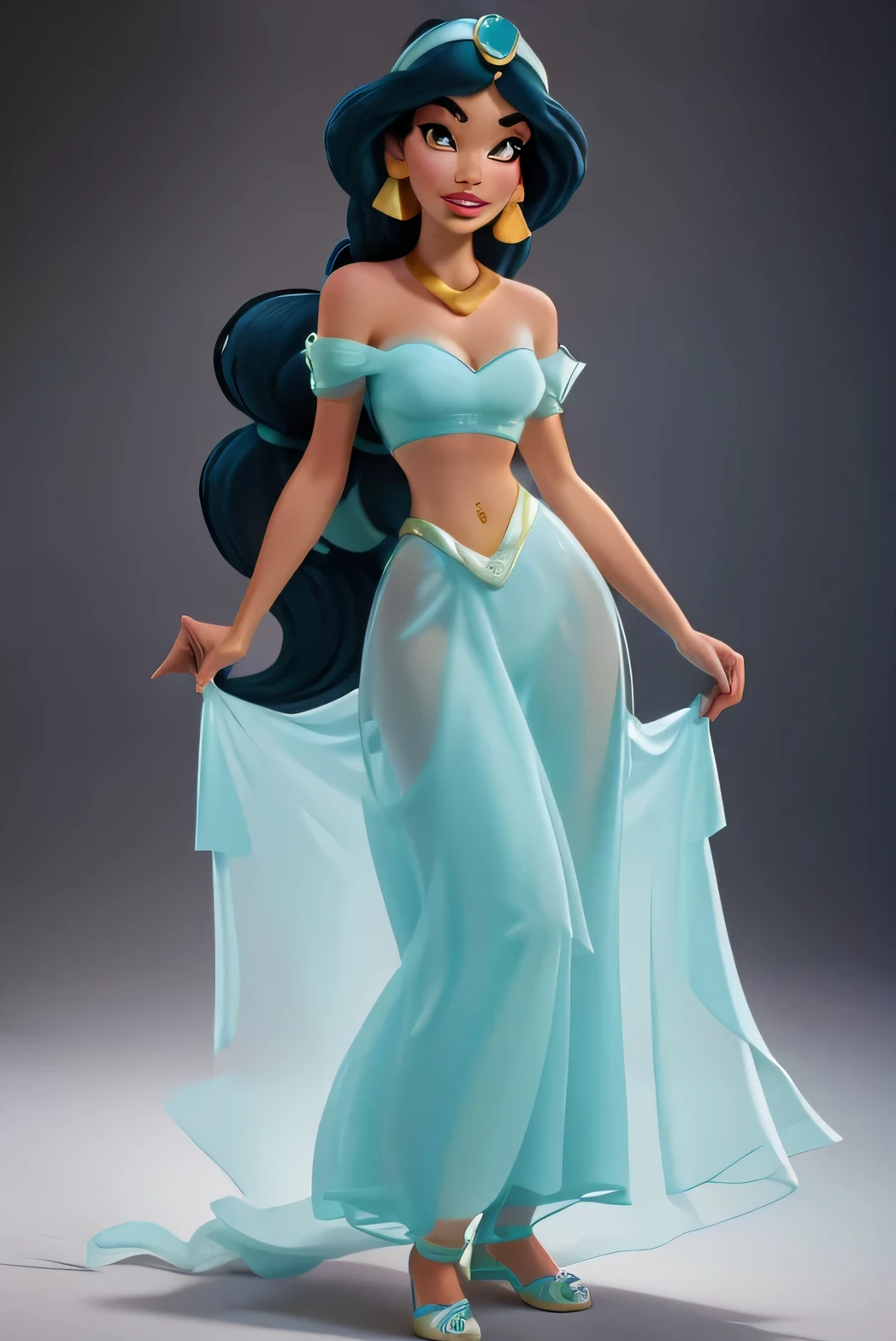 Sexy slave Princess jasmine Her princess gown is a two-piece outfit. The top of the outfit is a off-shoulder bandeau, and the shoulder-cloth is translucent.