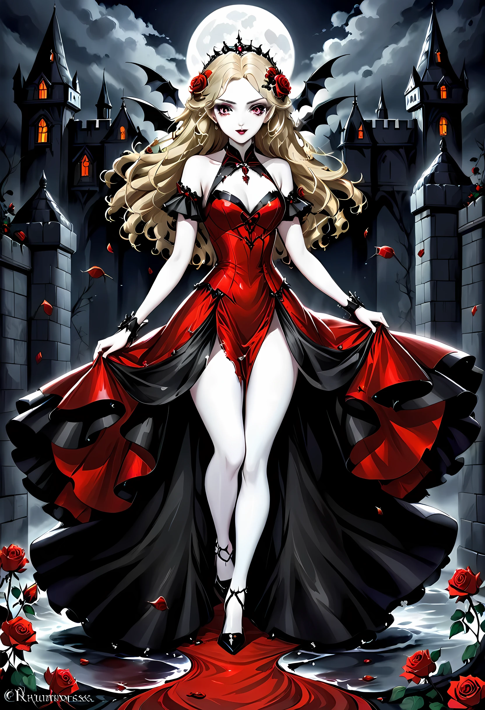 Dark fantasy art, fantasy art, goth art,  a picture of a female vampire, exquisite beauty, full body shot, dark glamour shot,  pale white skin, dark blond hair, long hair, wavy hair, (glowing grey: 1.3) eyes,  she  wears a (red: 1.3) red dress, ArmoredDress, the roses are imprinted on the dress (black: 1.4)  black roses betmd, high heells, dark castle porchm, dark, black and colorm, Dark Art Painting Style