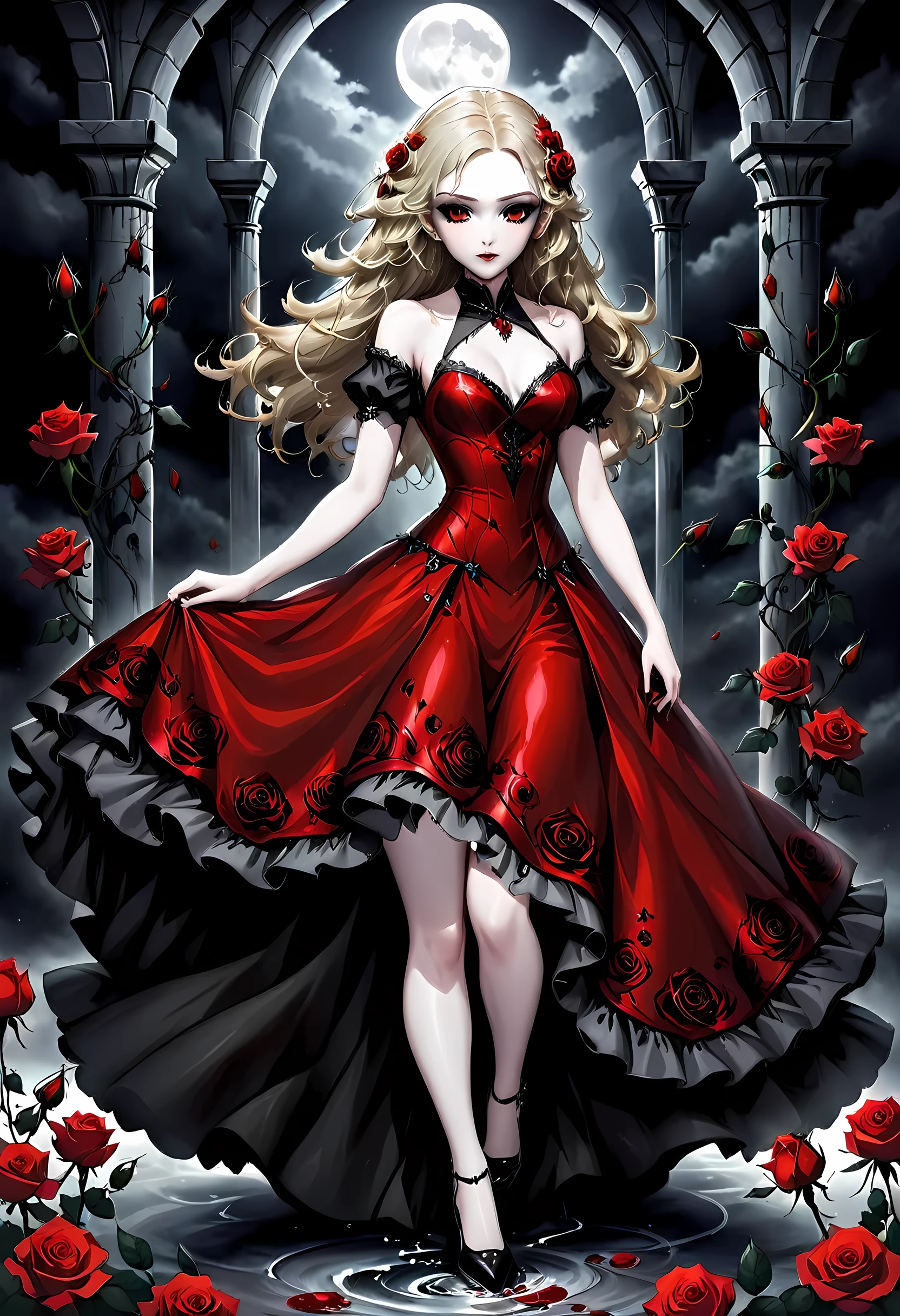 Dark fantasy art, fantasy art, goth art,  a picture of a female vampire, exquisite beauty, full body shot, dark glamour shot,  pale white skin, dark blond hair, long hair, wavy hair, (glowing grey: 1.3) eyes,  she  wears a (red: 1.3) red dress, ArmoredDress, the roses are imprinted on the dress (black: 1.4)  black roses betmd, high heells, dark castle porchm, dark, black and colorm, Dark Art Painting Style