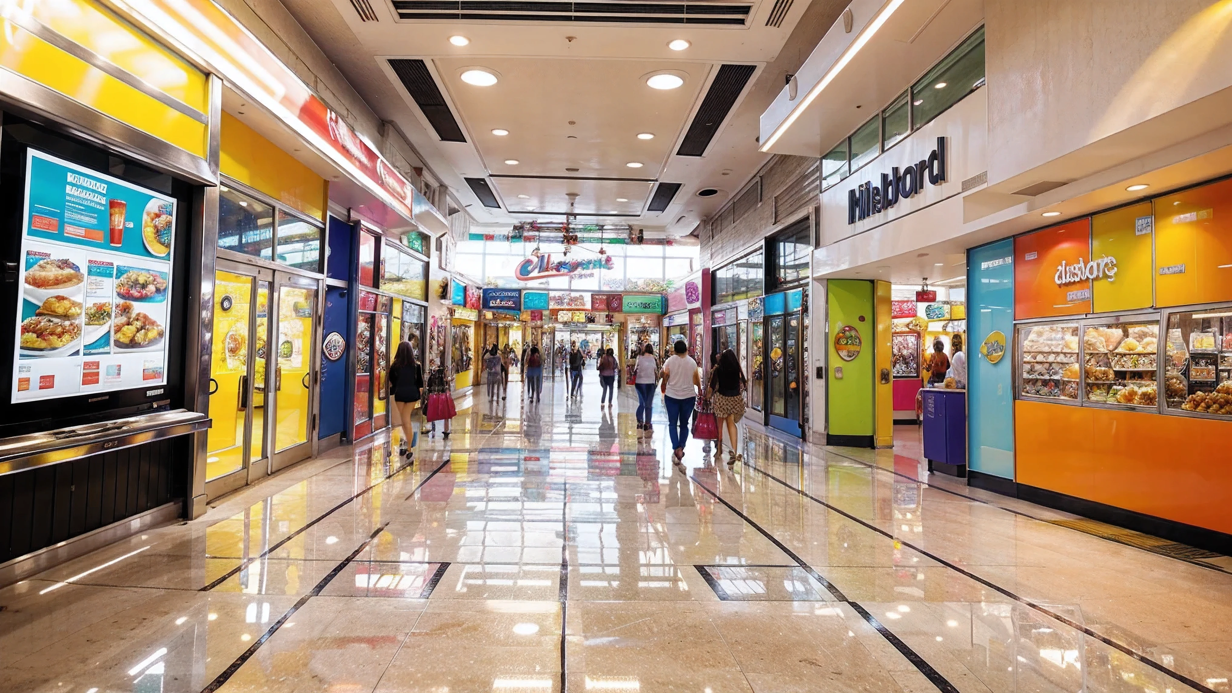 Describe the background scene of a shopping mall in Miami interior, with vibrant colors, brightness and lighting, (designer windows, people walking, food court, lights, granite floor, billboard)