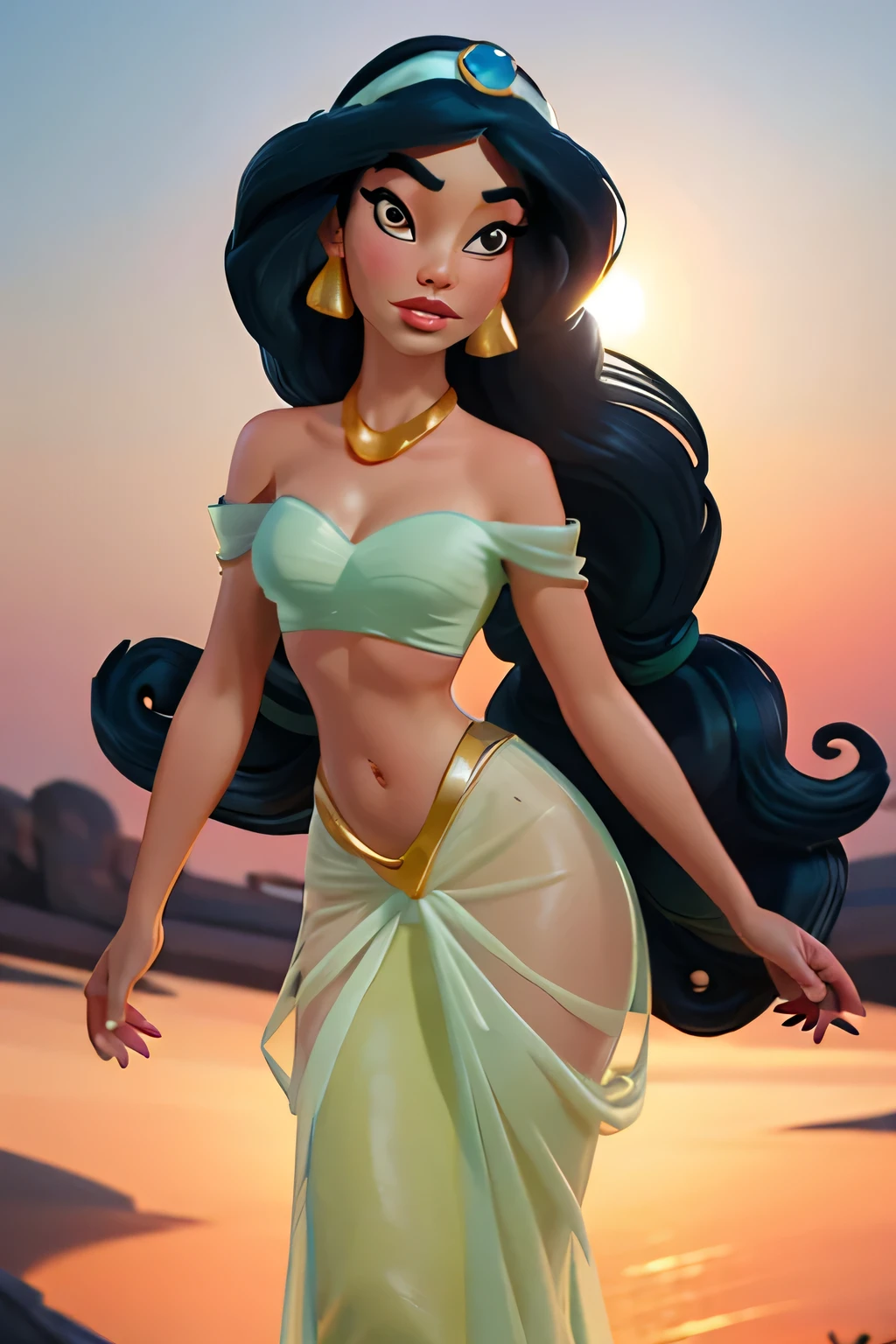 Sexy slave Princess jasmine Her princess gown is a two-piece outfit. The top of the outfit is a off-shoulder bandeau, and the shoulder-cloth is translucent.