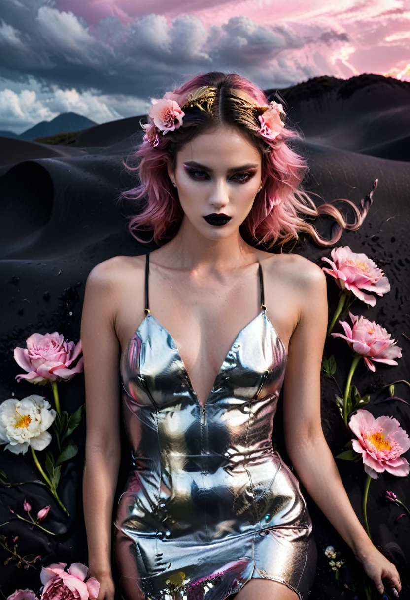 in the night, a woman with golden skin in a leather dress lies elegantly on black sand and flowers under gray clouds, lighting, snake tongue, pink sky, ribs, bones, silver teeth, knife, fashion style, natural light, Canon EOS R5 with Canon lens RF 100mm F2.8L Macro IS USM, shutter speed 0.8 sec, f/8 and ISO 200. --chaos 100 --ar 4:5 --stylize 1000.
Canon EOS R5, conceptual art, fashion photography, portrait photography, surrealism, v 6, Vogue style