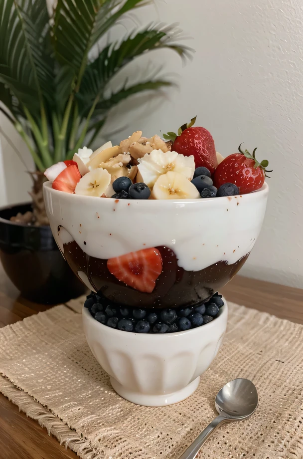 An image with a background covered in fruit with more than one açai bowl with strawberries banana grapes around it written açaí Recanto da Bia