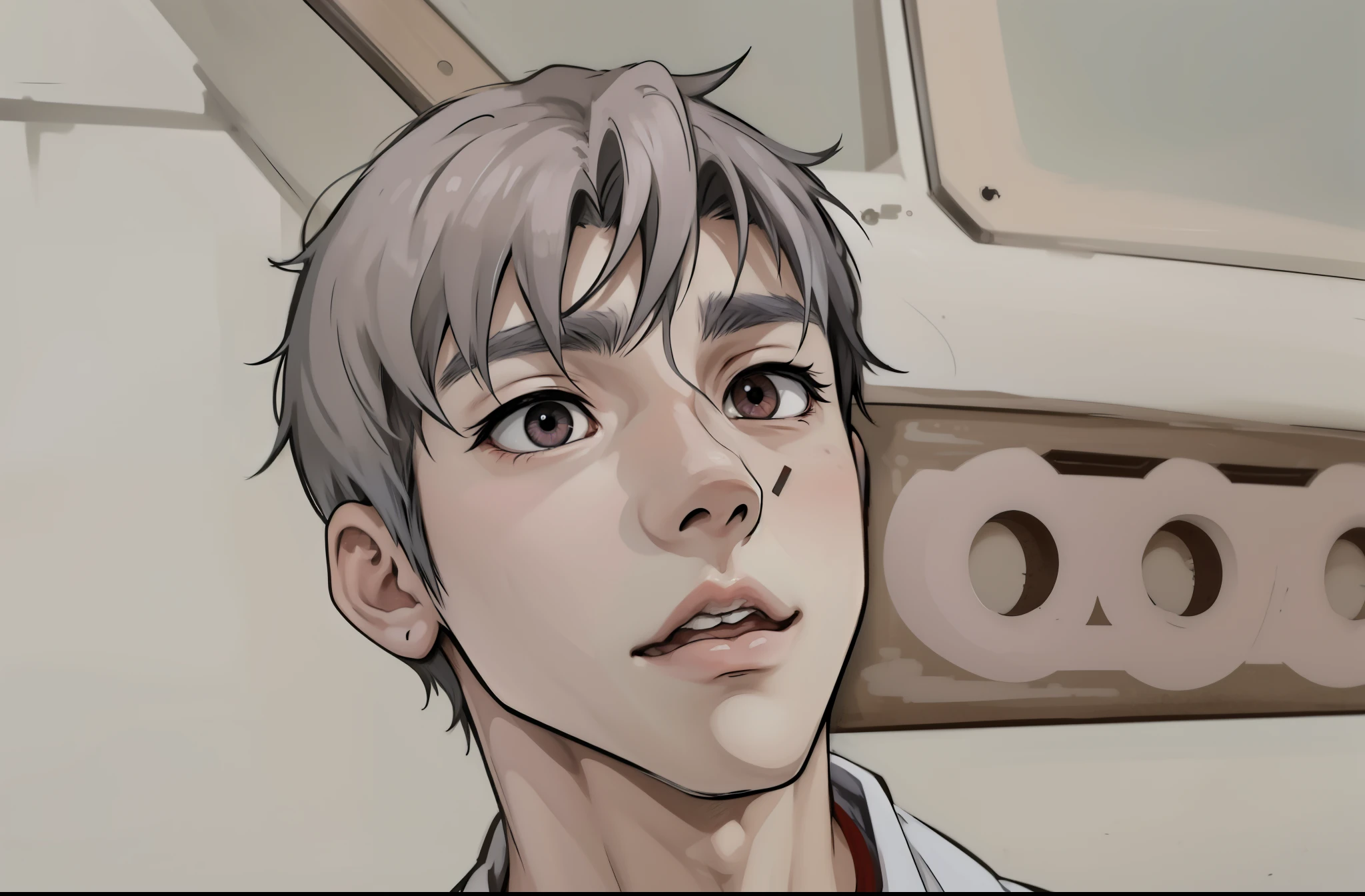 (estilo anime 2d plano) young 17 year old man is scared worried is scared has gray hair gray eyes