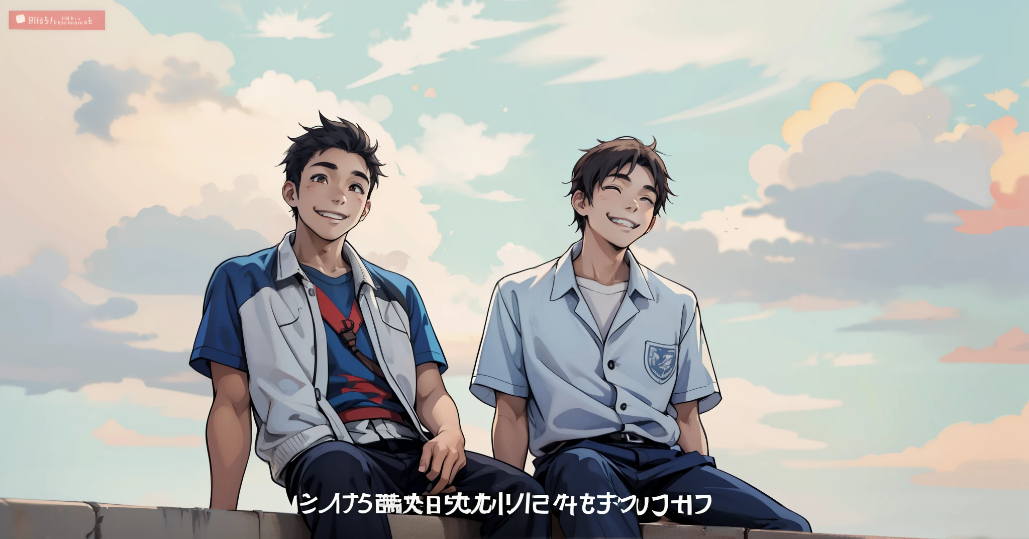 (estilo anime 2d plano) There are two 16 year old friends smiling