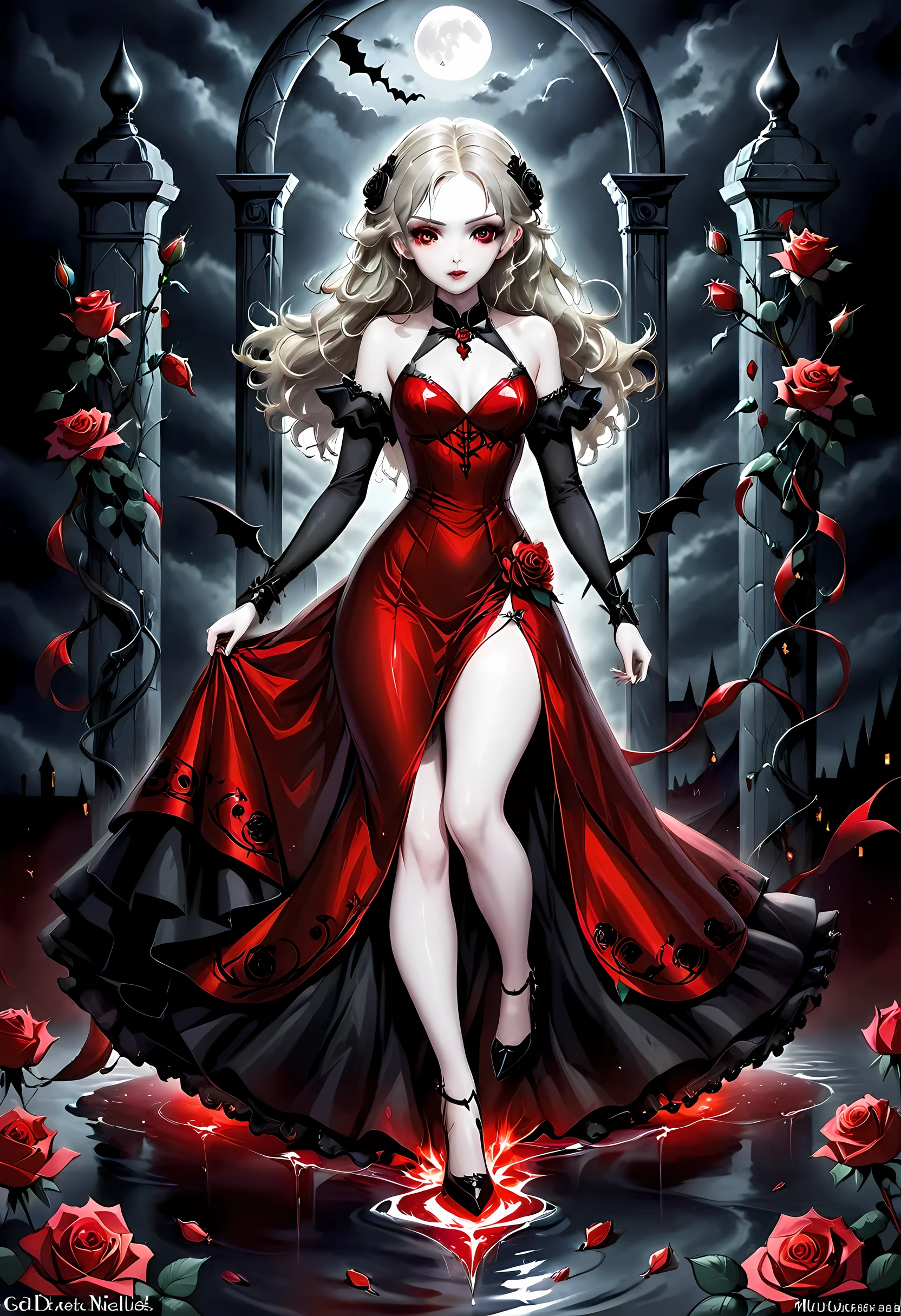 Dark fantasy art, fantasy art, goth art,  a picture of a female vampire, exquisite beauty, full body shot, dark glamour shot,  pale white skin, dark blond hair, long hair, wavy hair, (glowing grey: 1.3) eyes,  she  wears a (red: 1.3) red dress, ArmoredDress, the roses are imprinted on the dress (black: 1.4)  black roses betmd, high heells, dark castle porchm, dark, black and colorm, Dark Art Painting Style