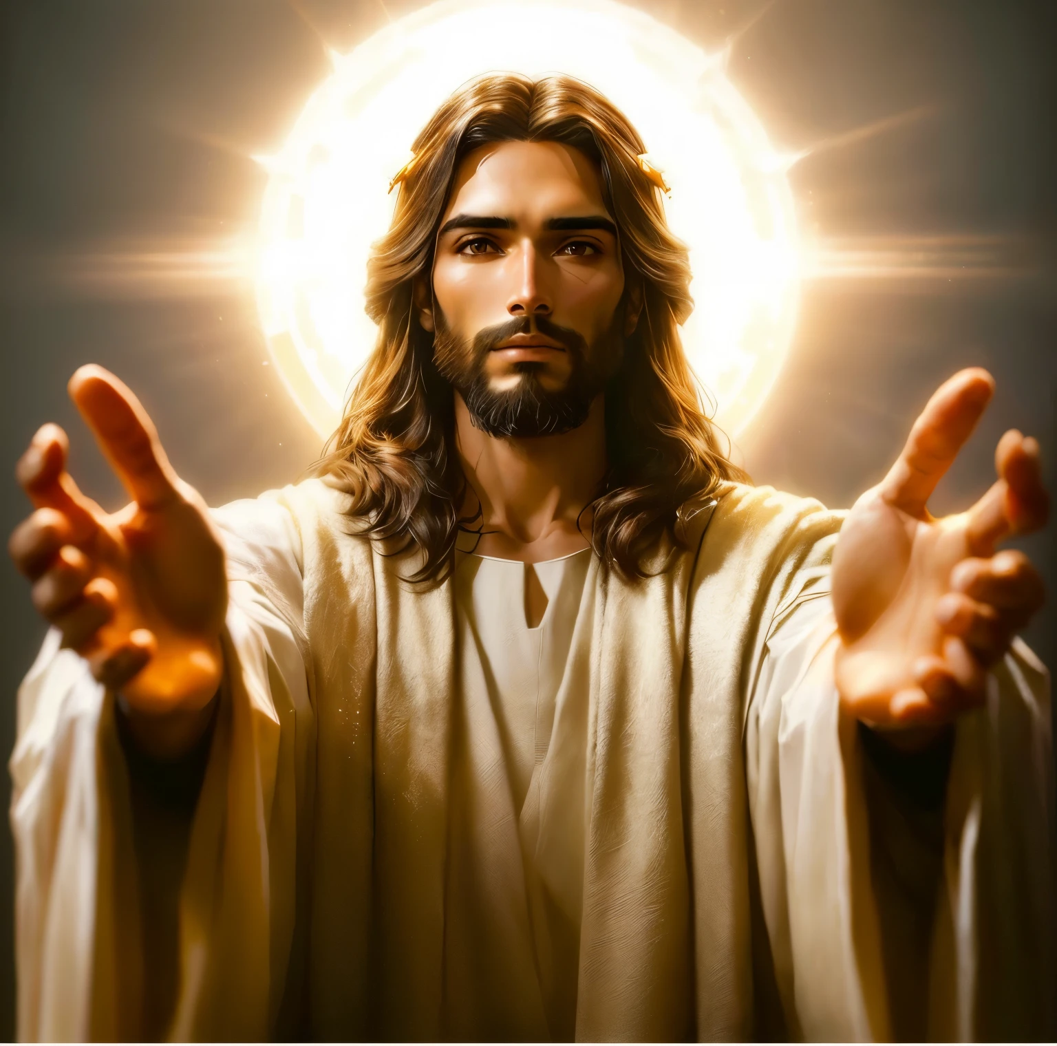 Jesus with his hands up and a halo above him, Jesus Cristo, he is greeting you warmly, jesus, jovem deus todo-poderoso, o senhor e salvador, Jesus of Nazareth, Jesus Cristo going super saiyan, Jesus preto, Jesus Cristo in mass effect, rosto de jesus, gigachad jesus, Deus olhando para mim, portrait of Jesus Cristo
