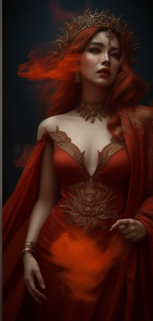 Pen and ink. Queen of Fire. (Super detailed, CG ,Unity ,8k wallpaper),(masterpiece), (Realistic), (photoRealistic:1.2), (RAW Photos:1.2), (highest quality:1.2), (Detailed face :1.4), (Beautiful fine details :1.2), The character is shrouded in mist, Creates a mysterious and eerie atmosphere. The lighting is dim and atmospheric, The red smoke creates an eerie atmosphere.. The image is of the highest quality, 4K resolution and HDR enhancements, Showcasing the highest level of detail and realism, SFW, Full Body Shot. View from above. (1 Female), Great composition, highest quality, Ultra-high resolution, photoRealistic, 