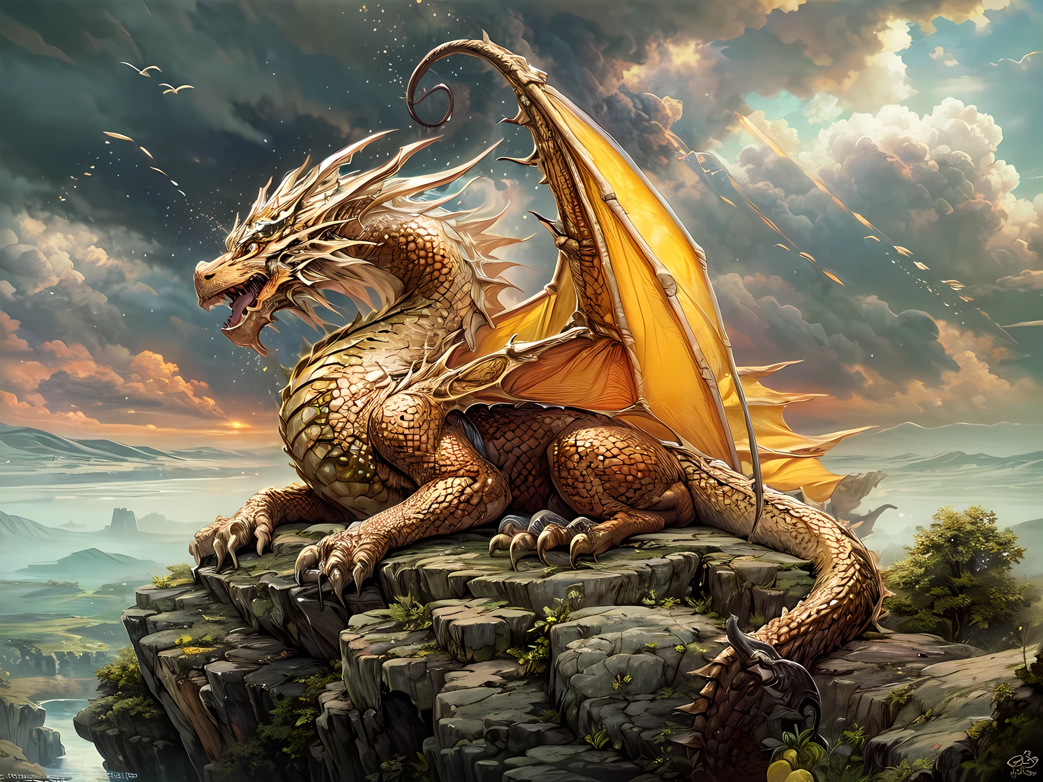 a picture of a gold dragon sitting on a massive rock , (eating a lemon: 1.3), (eating a juicy lemon: 1.5) (best details, Masterpiece, best quality :1.5), dragon_real cloudy skies background, an epic gold dragon (best details, Masterpiece, best quality :1.5) extremely detailed dragon,  horns, dragon_wings, dragon wings wide spread, ultra detailed face, the lemon is juicy dripping juice on the rock (best details, Masterpiece, best quality :1.3), birds view, sun rays, red divine rays, sun rays reflected in clouds (best details, Masterpiece, best quality :1.5), sense of serenity sense of awe majestic atmosphere, ultra best realistic, best details, best quality, 16k, [ultra detailed], masterpiece, best quality, (extremely detailed), ultra wide shot, photorealism, depth of field, hyper realistic painting,