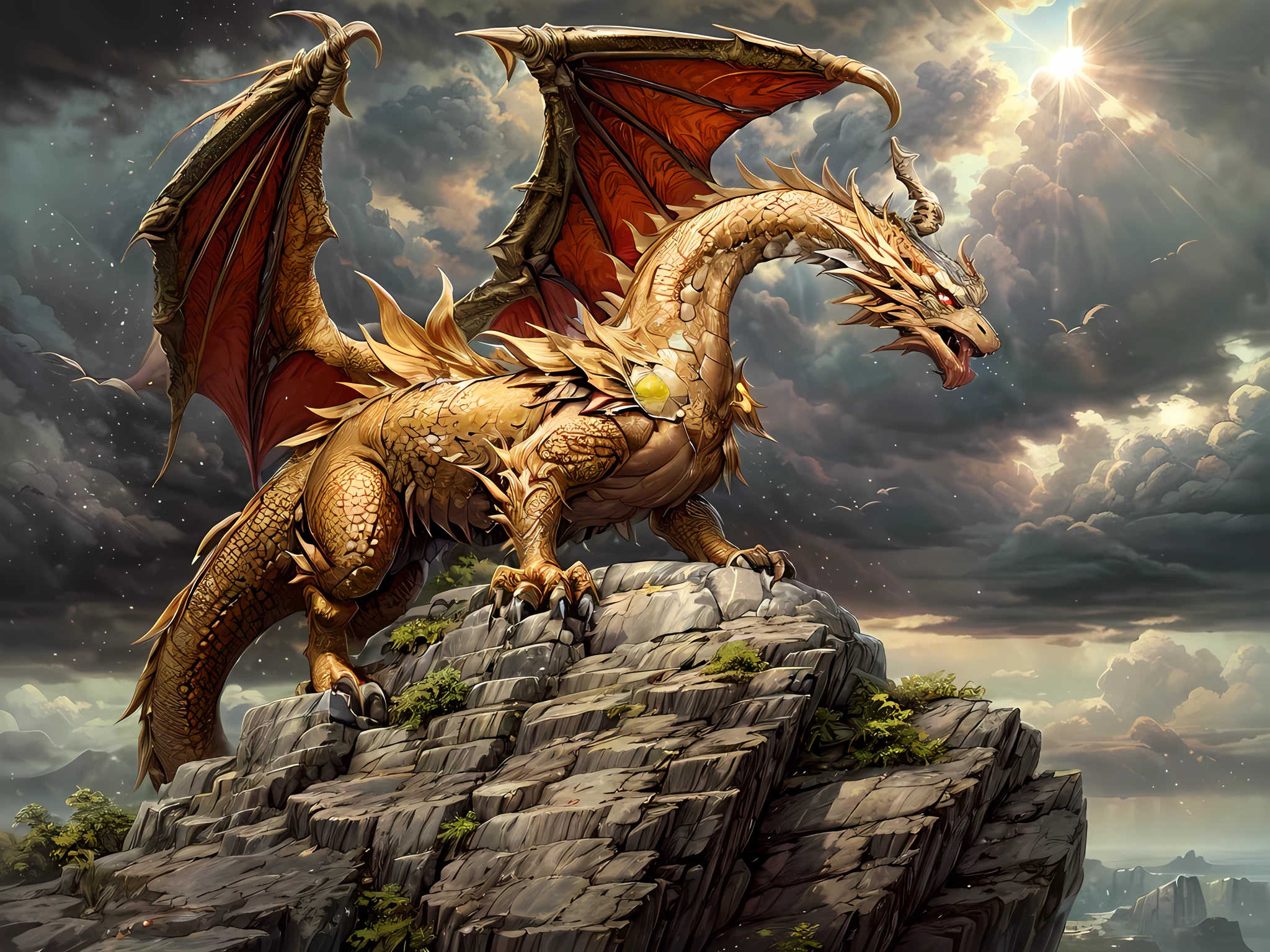 a picture of a gold dragon sitting on a massive rock , (eating a lemon: 1.3), (eating a juicy lemon: 1.5) (best details, Masterpiece, best quality :1.5), dragon_real cloudy skies background, an epic gold dragon (best details, Masterpiece, best quality :1.5) extremely detailed dragon,  horns, dragon_wings, dragon wings wide spread, ultra detailed face, the lemon is juicy dripping juice on the rock (best details, Masterpiece, best quality :1.3), birds view, sun rays, red divine rays, sun rays reflected in clouds (best details, Masterpiece, best quality :1.5), sense of serenity sense of awe majestic atmosphere, ultra best realistic, best details, best quality, 16k, [ultra detailed], masterpiece, best quality, (extremely detailed), ultra wide shot, photorealism, depth of field, hyper realistic painting,