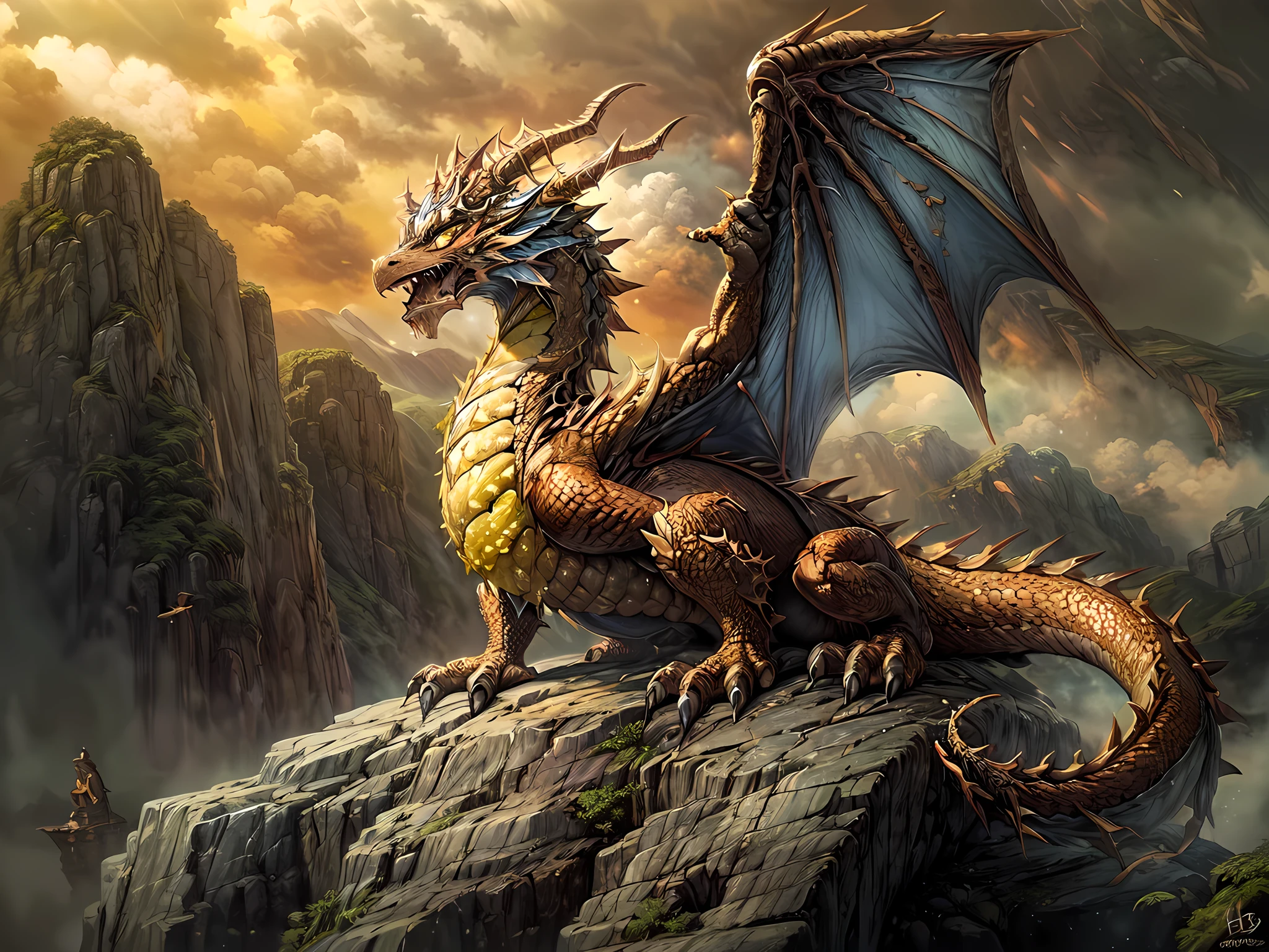 a picture of a gold dragon sitting on a massive rock , (eating a lemon: 1.3), (eating a juicy lemon: 1.5) (best details, Masterpiece, best quality :1.5), dragon_real cloudy skies background, an epic gold dragon (best details, Masterpiece, best quality :1.5) extremely detailed dragon,  horns, dragon_wings, dragon wings wide spread, ultra detailed face, the lemon is juicy dripping juice on the rock (best details, Masterpiece, best quality :1.3), birds view, sun rays, red divine rays, sun rays reflected in clouds (best details, Masterpiece, best quality :1.5), sense of serenity sense of awe majestic atmosphere, ultra best realistic, best details, best quality, 16k, [ultra detailed], masterpiece, best quality, (extremely detailed), ultra wide shot, photorealism, depth of field, hyper realistic painting,