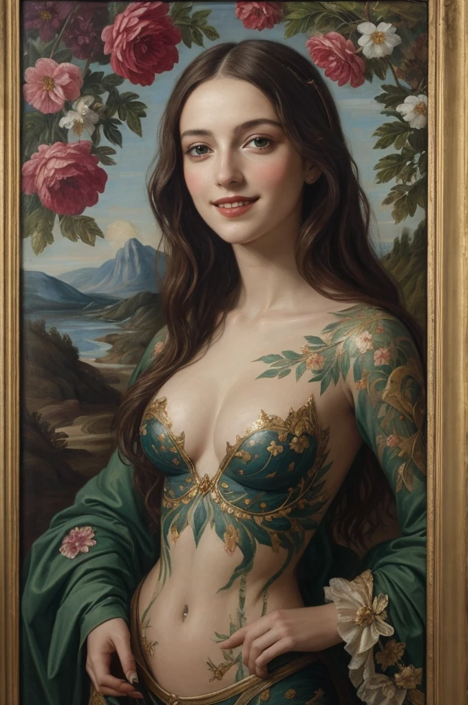 Nathalie Portmann,  25 ans, seductive look, sourire romantique, fine, brune, yeux verts, masterclass, 8K, UHD, HD, High quality,   sexy, bodypainting, dans un atelier de peinture, tableaux, peinture partout sur le mur, motif de fleurs sur la peau, topless, bodypainting, motif de tableau de la renaissance, impressionnisme, tableau renaissance peint sur le corps