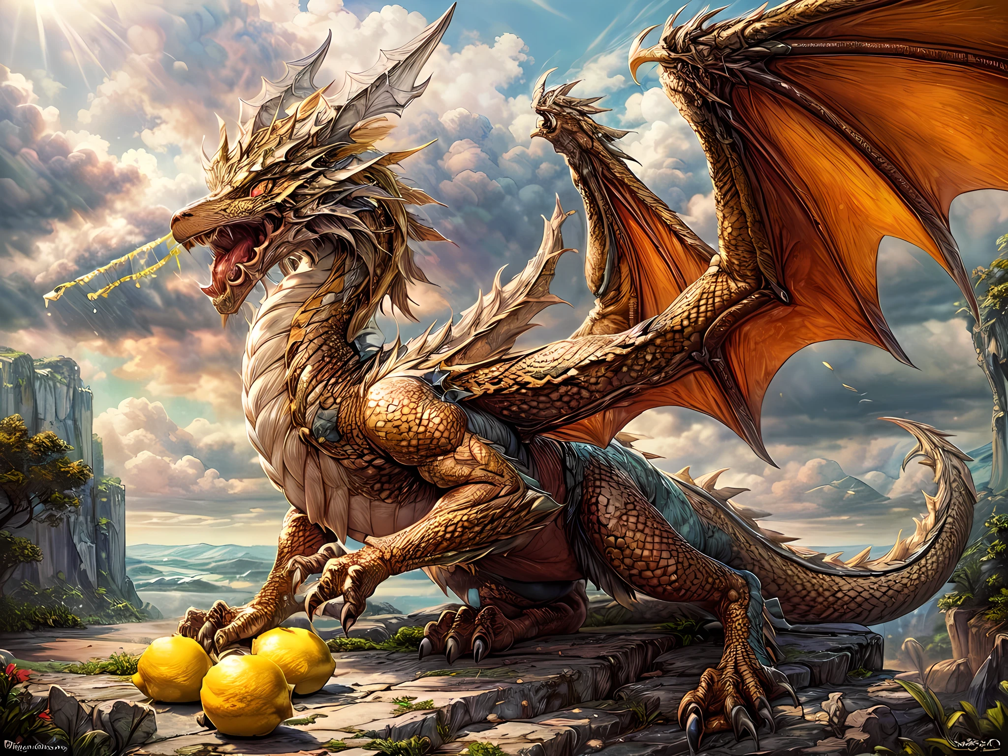 a picture of a gold dragon sitting on a massive rock , (eating a lemon: 1.3), (eating lemon: 1.5) (best details, Masterpiece, best quality :1.5), dragon_real cloudy skies background, an epic gold dragon (best details, Masterpiece, best quality :1.5) extremely detailed dragon,  horns, dragon_wings, dragon wings wide spread, ultra detailed face, the lemon is juicy dripping juice on the rock (best details, Masterpiece, best quality :1.3), birds view, sun rays, red divine rays, sun rays reflected in clouds (best details, Masterpiece, best quality :1.5), sense of serenity sense of awe majestic atmosphere, ultra best realistic, best details, best quality, 16k, [ultra detailed], masterpiece, best quality, (extremely detailed), ultra wide shot, photorealism, depth of field, hyper realistic painting,