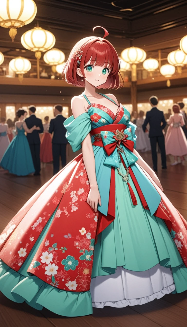 1girl,rubyred hair,bowl cut hair,half circle ahoge,BREAK,(blue green eyes)1.3,tareme,fusion of floral print kimono and ball gown,dance hall,cowboy shot,