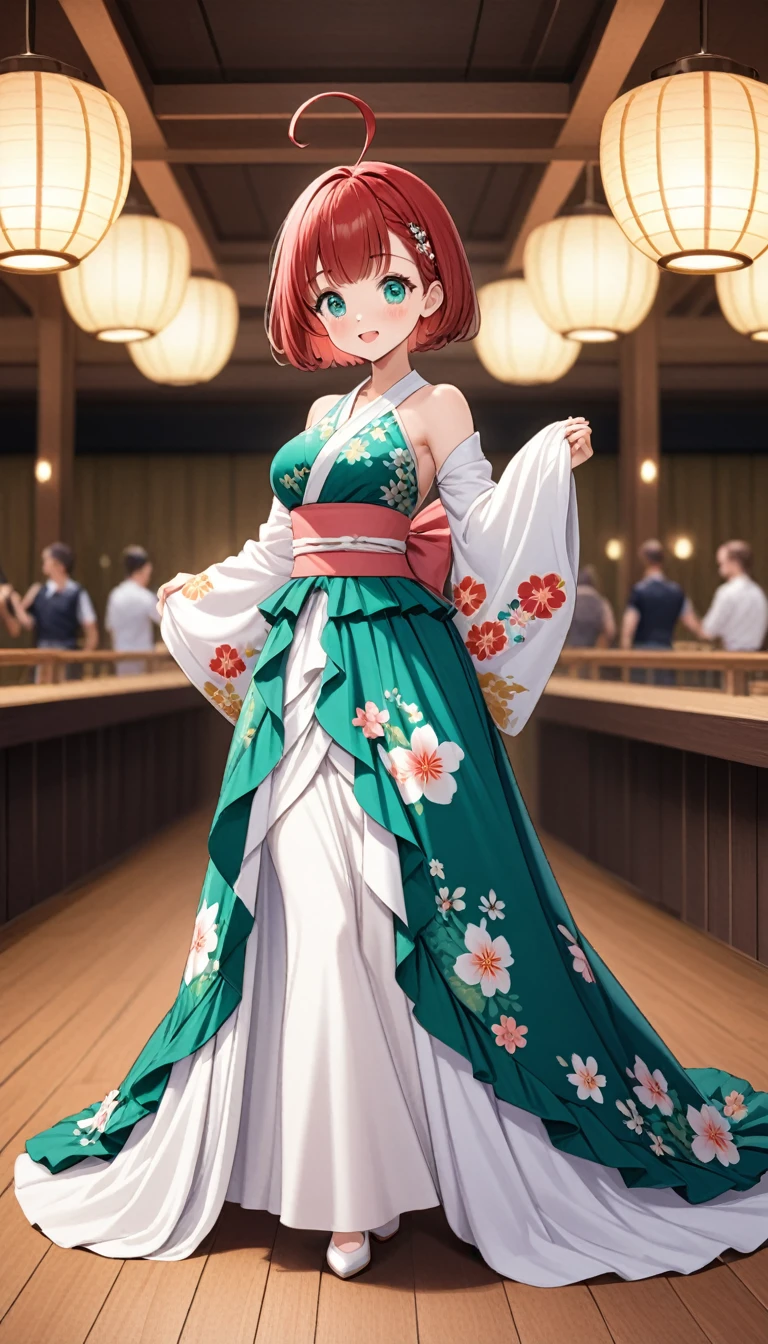 1girl,rubyred hair,bowl cut hair,half circle ahoge,BREAK,(blue green eyes)1.3,tareme,fusion of floral print kimono and ball gown,dance hall,cowboy shot,