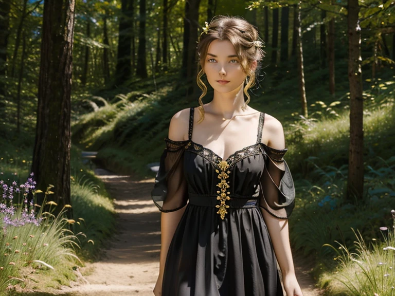 Junge Zigeunerin mit buntem Kleid, Goldschmuck,  Schal, Ohrringe, lange schwarze gewellte Haare, auf eine sandigem Weg, bei blauem Himmel, Wildwiese, Wald, Blumen, 