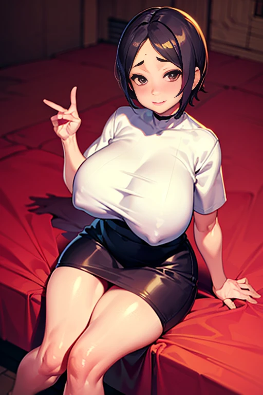 masterpiece, 16K, Japanese, 1 Female ,(80 year old mature woman) ,(Beige round neck short sleeve tight knit:1.2、Black tight skirt) ,(Big Breasts ) ,Cleavage ,Chubby, Realistic, double eyelid, Textured skin, 1080p, Canon, 8k, Super detailed, Accurate, highest quality、Nasolabial folds:0.8、