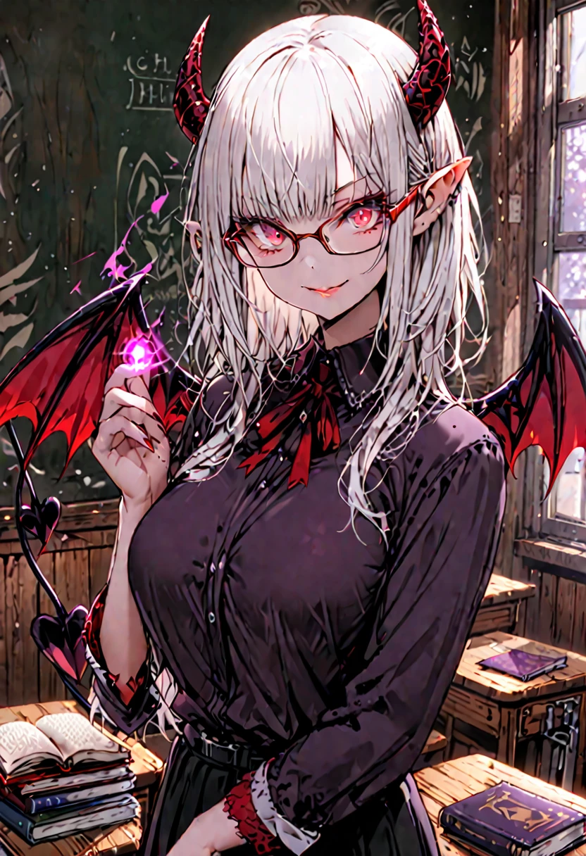 solo, female, sfw, medium shot, demon horns, succubus, large demon wings, demon tail, modest clothes, large breasts:1.1, pointed ears, magic on hand, book, glasses, smile, white hair, red eyes, wooden classroom, old classroom, simple clothes