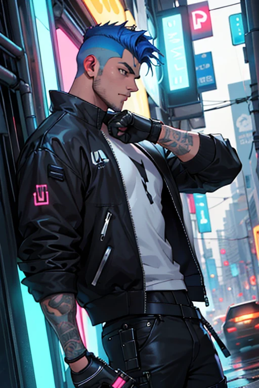Homem Jovem, cabelo moicano azul, shaved head of the sides, holding a pistol with one hand, calmo com um rosto tranquilo e de corpo inteiro e roupas cyberpunk pretas e rosa neon