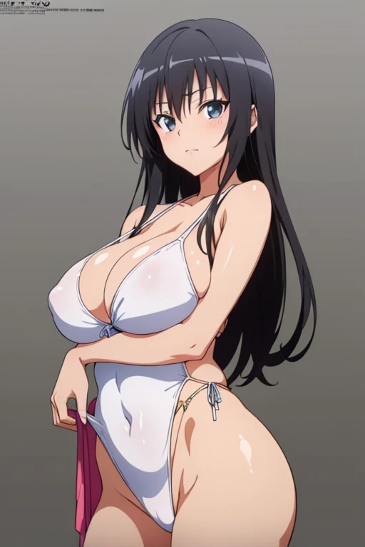 (masutepiece, Best Quality, High resolution, anime colours, megami magazine:1.2, anime poster style, anime keyvisual, sharp, 8k, photorealistic), (beautiful eyes:1.5, beautiful face), Kotegawa Yui, 1girl, solo, Cute, (Long Black Hair), (sagging large breasts:1.8), (white onepiece swimsuit), cleavage, (arm at side, cowboy shot), (Perfect detailed Anatomy, beautiful detailed hair, perfect detailed body:1.2, shiny skin), (thick outline, Beautiful outlines, black outlines), simple background,