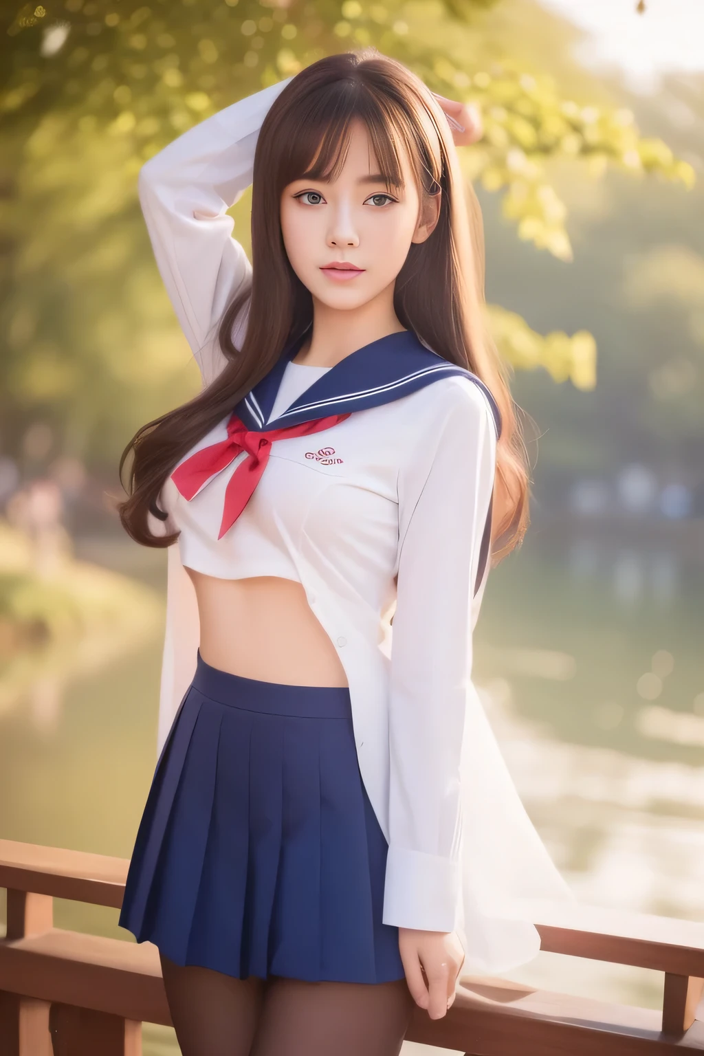 (RAW Photos:1.2), (Realistic:1.10),((One Girl))、 Beautiful detailed girl, Very detailedな目と顔, Beautiful and exquisite, Beautiful body, Incredibly beautiful body,Perfect Anatomy、Beautiful limbs , (Very detailedな, High resolution, Very detailed, highest quality), ((Advanced Shooting)), Raising awareness,CG, Unity,Sailor suit, wonderful, In detail, (masterpiece, Very detailed CG uniform 8k wallpaper), Sunlight on the face, double eyelid、Sparkling hair and eyes、21 years old、(Huge breasts:1.12)、village、((Dynamic pose))、(pantyhose)、Professional photography、