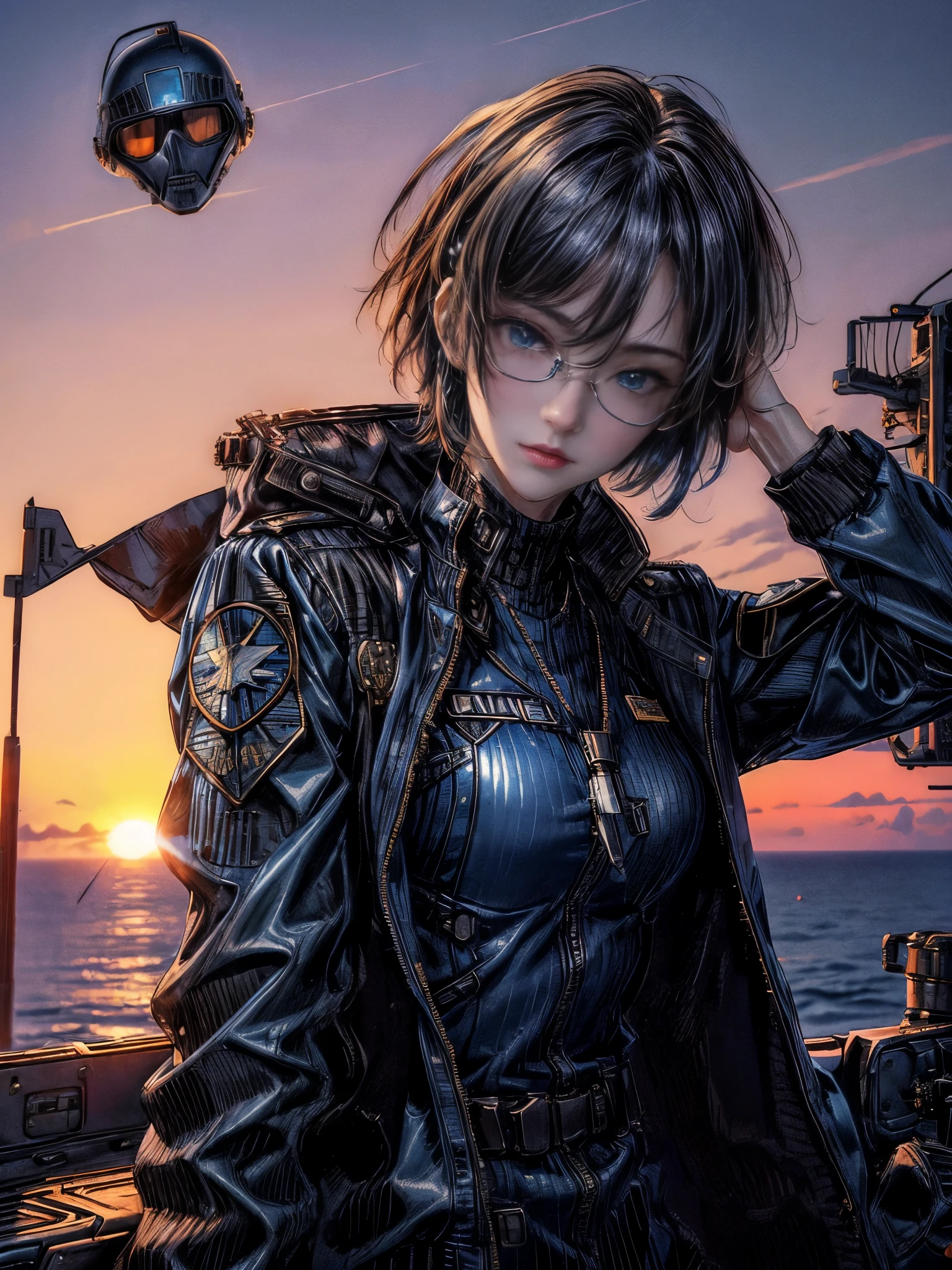 Cinema Lighting、highest quality,Cyberpunk World、1 female、(Beautiful 25 year old woman、Beautiful facial details 、Short Hair、part、Blue Eyes:1.4)break,(Glasses)(vivid Shiny Black Hair Color:1.6)
break
(Military design jacket、Air Force Cosplay、air force uniform:1.4),(Dog Tags、necklace)、(Holding a pilot helmet:1.4)break.(Black Hair)BREAK、(There's a fighter jet behind:1.5)
(evening、Sunset🌇、On an aircraft carrier、After work:1.2)(sunset、evening:1.5)(Portrait Angle)