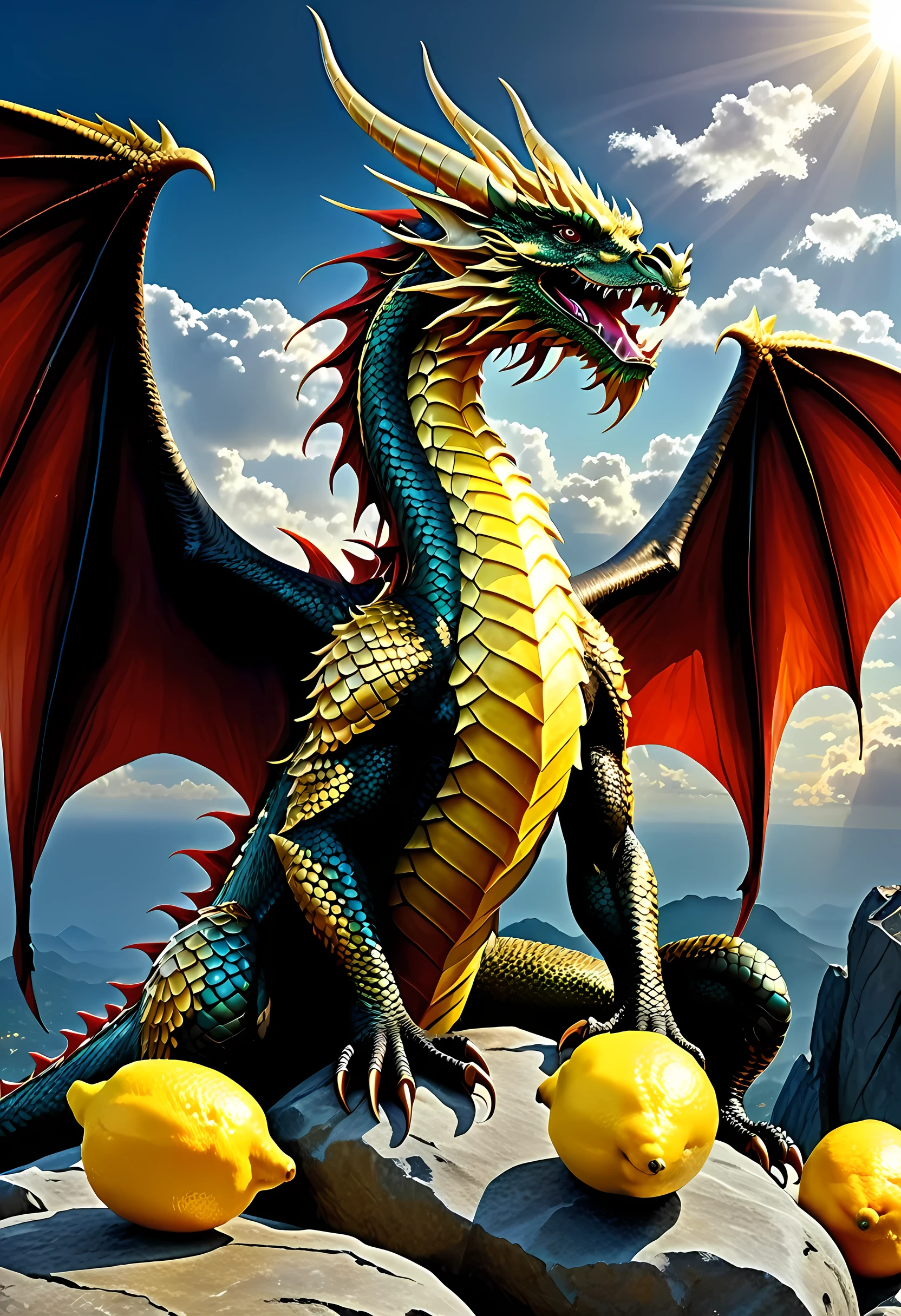 a picture of a gold dragon sitting on a massive rock , (eating a lemon: 1.3), (eating lemon: 1.5) (best details, Masterpiece, best quality :1.5), dragon_real cloudy skies background, an epic gold dragon (best details, Masterpiece, best quality :1.5) extremely detailed dragon,  horns, dragon_wings, dragon wings wide spread, ultra detailed face, the lemon is juicy dripping juice on the rock (best details, Masterpiece, best quality :1.3), birds view, sun rays, red divine rays, sun rays reflected in clouds (best details, Masterpiece, best quality :1.5), sense of serenity sense of awe majestic atmosphere, ultra best realistic, best details, best quality, 16k, [ultra detailed], masterpiece, best quality, (extremely detailed), ultra wide shot, photorealism, depth of field, hyper realistic painting,