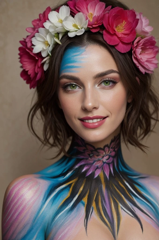 Nathalie Portmann,  25 ans, seductive look, sourire romantique, fine, brune, yeux verts, masterclass, 8K, UHD, HD, High quality,   sexy, bodypainting, dans un atelier de peinture, tableaux, peinture partout sur le mur, motif de fleurs sur la peau, topless, bodypainting, motif de tableau de la renaissance, impressionnisme, tableau renaissance peint sur le corps