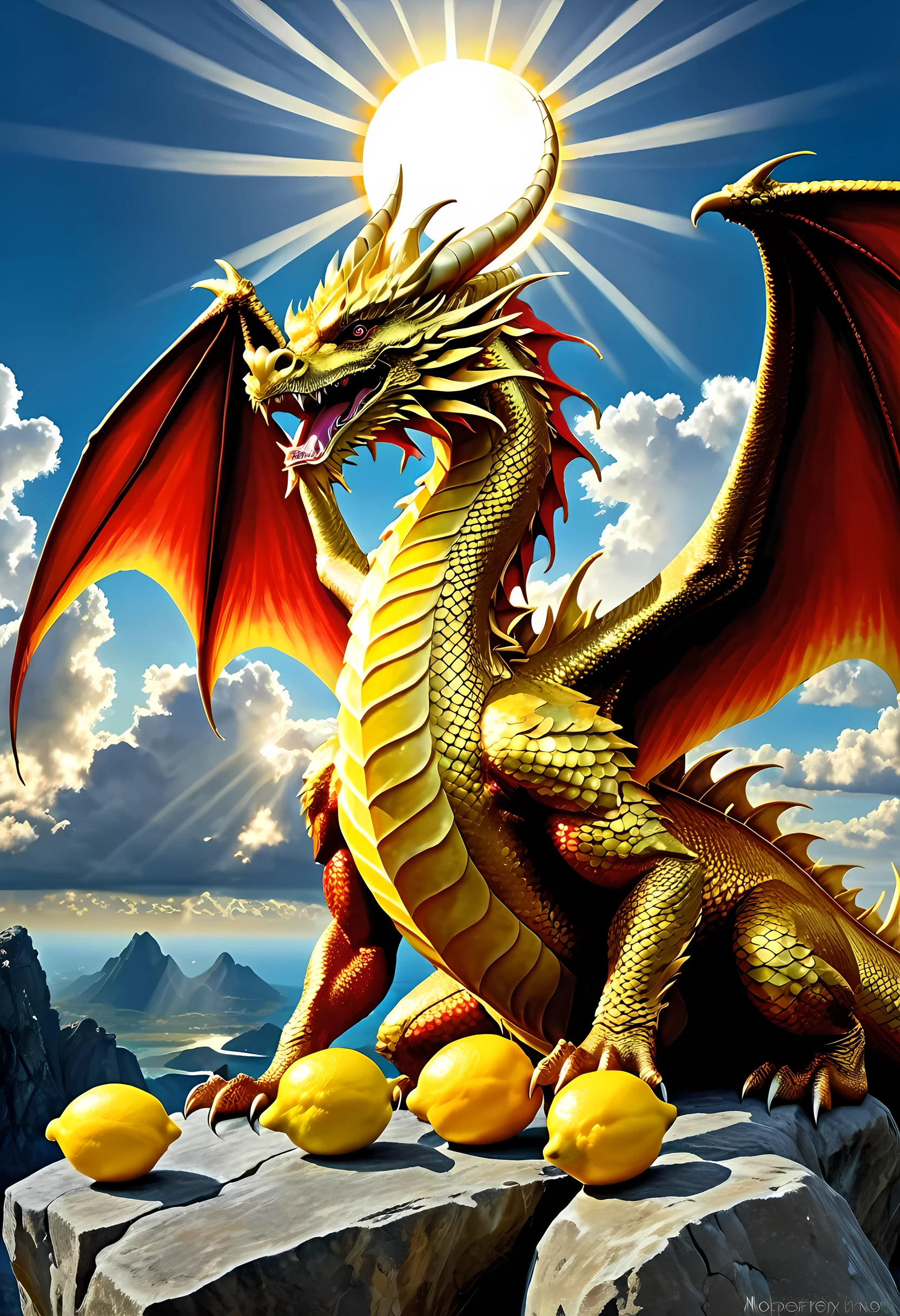 a picture of a gold dragon sitting on a massive rock , (eating a lemon: 1.3), (eating lemon: 1.5) (best details, Masterpiece, best quality :1.5), dragon_real cloudy skies background, an epic gold dragon (best details, Masterpiece, best quality :1.5) extremely detailed dragon,  horns, dragon_wings, dragon wings wide spread, ultra detailed face, the lemon is juicy dripping juice on the rock (best details, Masterpiece, best quality :1.3), birds view, sun rays, red divine rays, sun rays reflected in clouds (best details, Masterpiece, best quality :1.5), sense of serenity sense of awe majestic atmosphere, ultra best realistic, best details, best quality, 16k, [ultra detailed], masterpiece, best quality, (extremely detailed), ultra wide shot, photorealism, depth of field, hyper realistic painting,