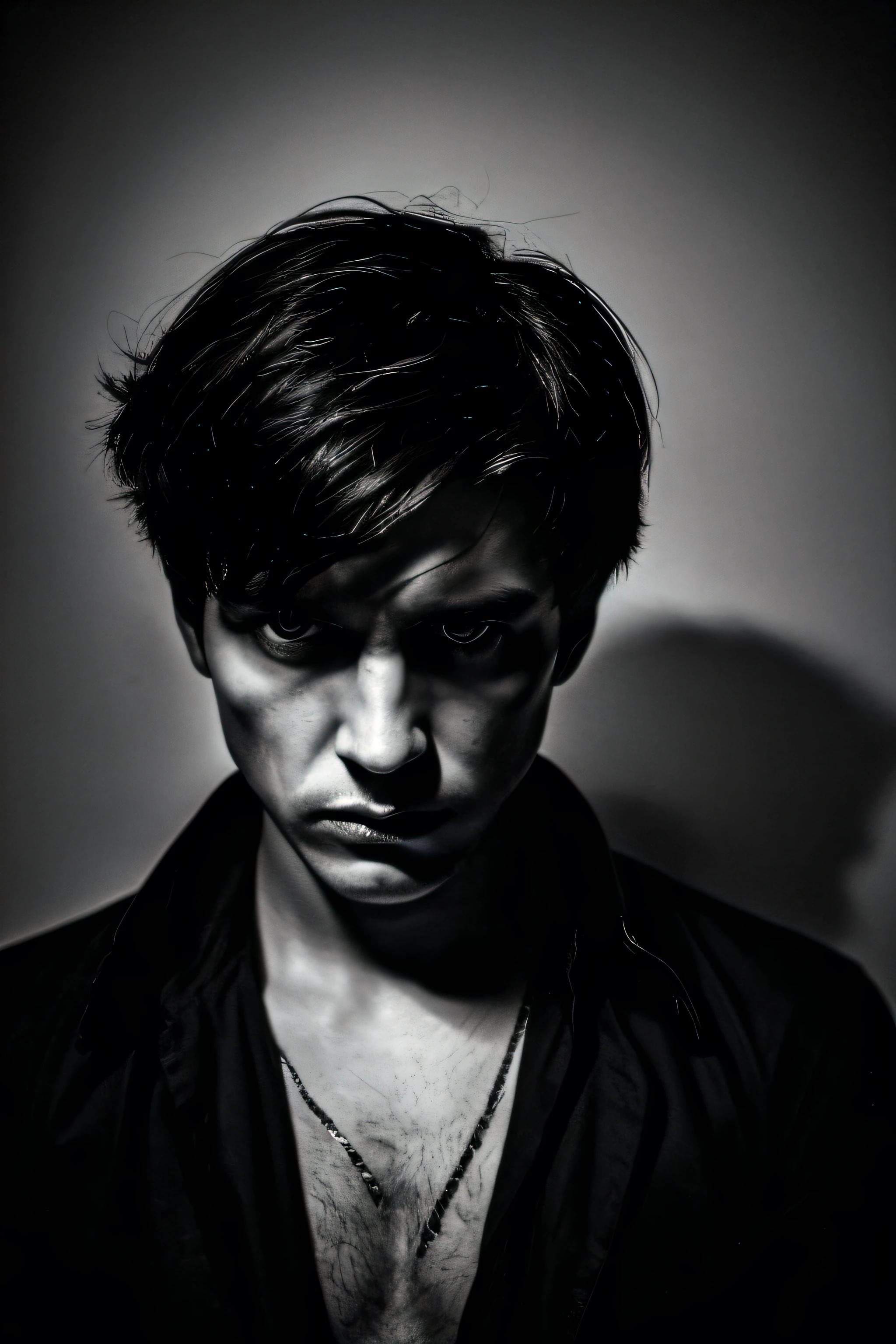 Black and white photo of a man with short hair looking at the camera, Fantasma, lindo jovem, Retrato de um menino sinistro, com olhos assombrados e cabelos escuros, misterioso retrato misterioso, Retrato de um menino malvado, Homens intimidadores, dramatic intense lighting, olhar assustador, olhar assustado, Homem mau, Dramatic portraits, retrato escuro, Strong contrast lighting, Wild and languid men