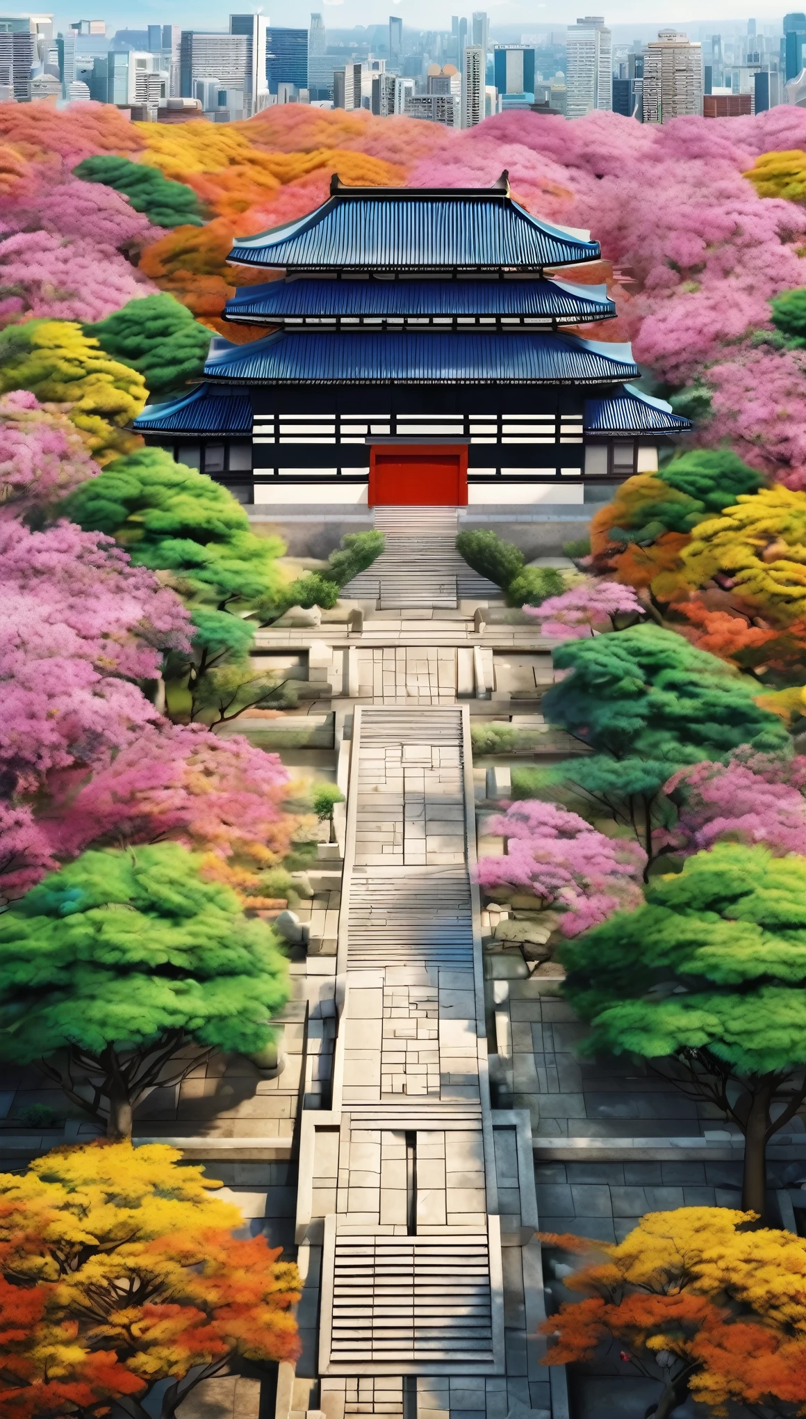 High-definition images reminiscent of a scene from a movie、The video shows an aerial shot of the Daisenryo Tomb in the Osaka Tomb Complex.。This panoramic shot、The focus is on monopoly、Vibrant floral watercolor background、Showcasing the tomb's intricate architectural details