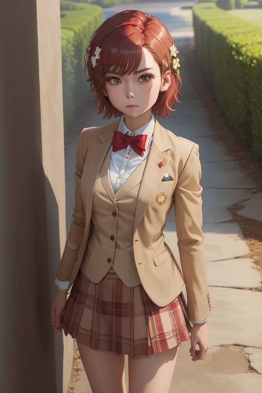 masterpiece, best quality, highres, aamikoto, short hair, hair flower, red bowtie, blazer, brown jacket, long sleeves, plaid skirt, standing, cowboy shot, outdoors